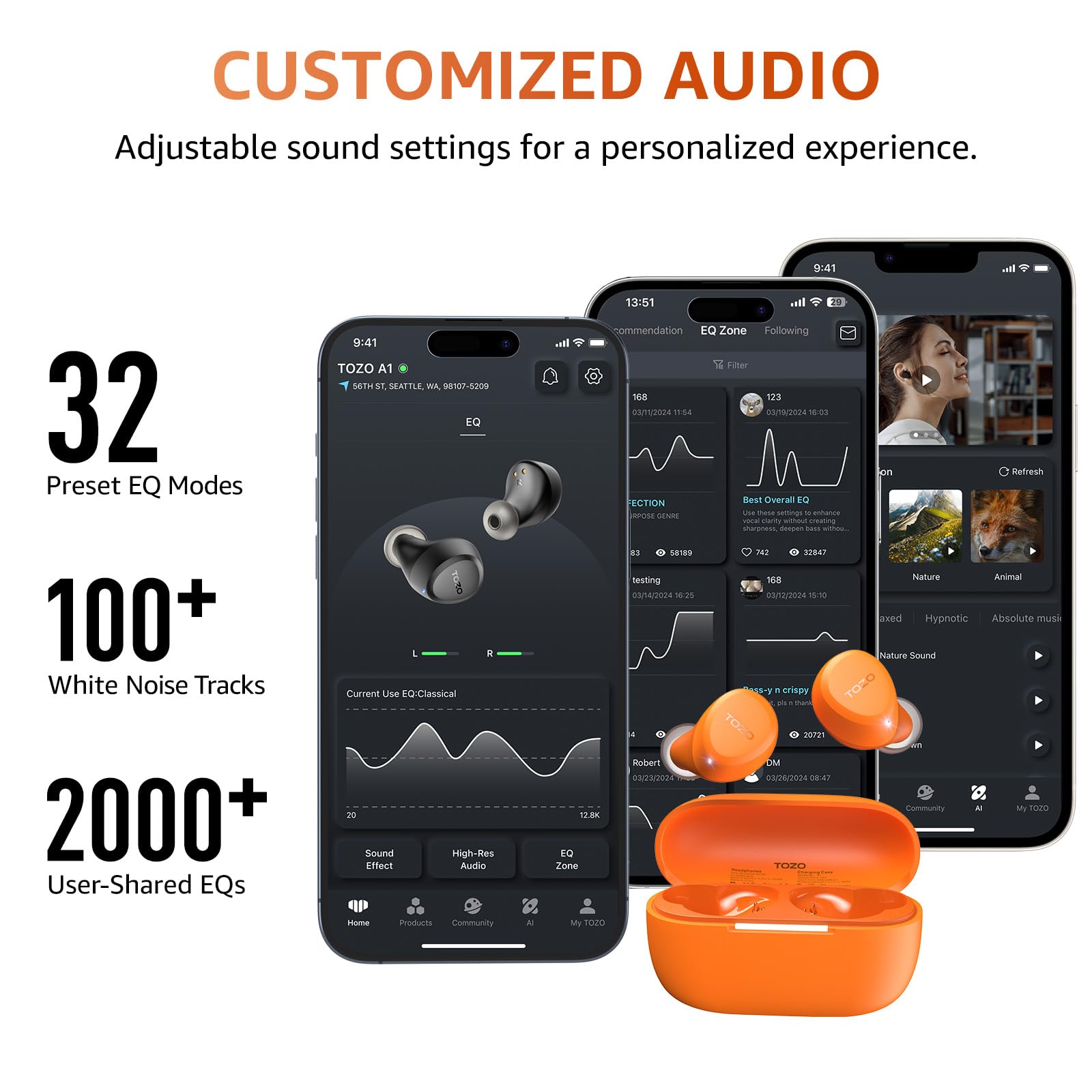 TOZO A1 Wireless Earbuds Bluetooth 5.3 Light Weight in Ear IPX5 Waterproof Headphones 2 Mic for AI Calls, Immersive Premium Sound Bass Headset with Charging Case, 32 Presets EQ Customization via App 🍁 All In One Marketplace Canada