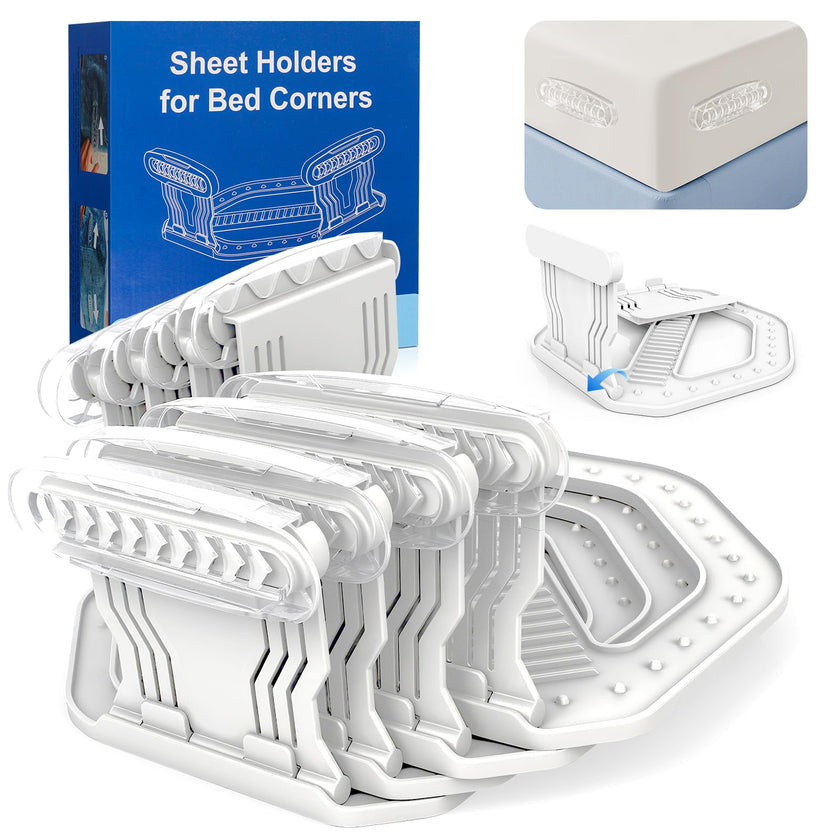 AMOVO Bed Sheet Holders for Corners Keep Sheets in Place Firmly - Foldable Fitted Sheet Holders Heavy Duty Sheet Locks Mattress Sheet Fasteners, Set of 4 Lock Sheet Clips (White) 🍁 All In One Marketplace Canada