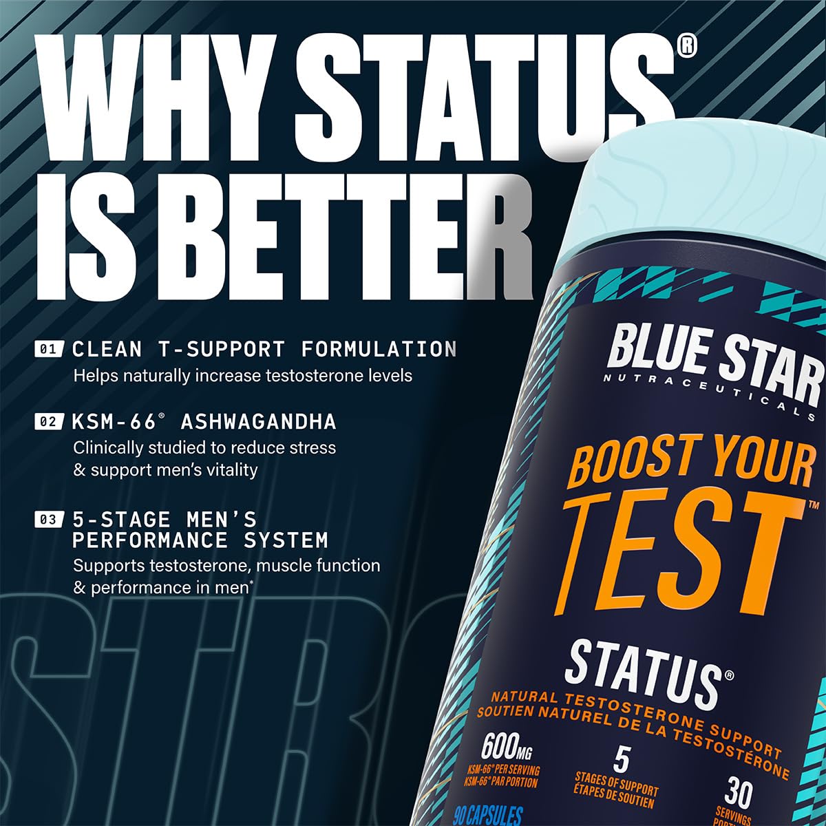 Blue Star Nutraceuticals Status - Natural Testosterone Support, Helps Increase Testosterone Levels & Muscle Strength, Clinically Researched Ingredients, 90 Veggie Caps, 30 Day Supply (NPN 80083809) 🍁 All In One Marketplace Canada