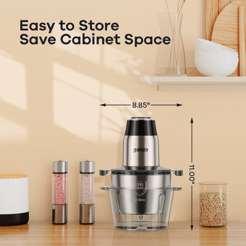 GANIZA Food Processors, Electric Food Chopper with Meat Grinder & Vegetable Chopper - 2 Bowls (8 Cup+8 Cup) with Powerful 450W Copper Motor - Includes 2 Sets of Bi-Level Blades for Fruits/Meat/Nuts 🍁 All In One Marketplace Canada