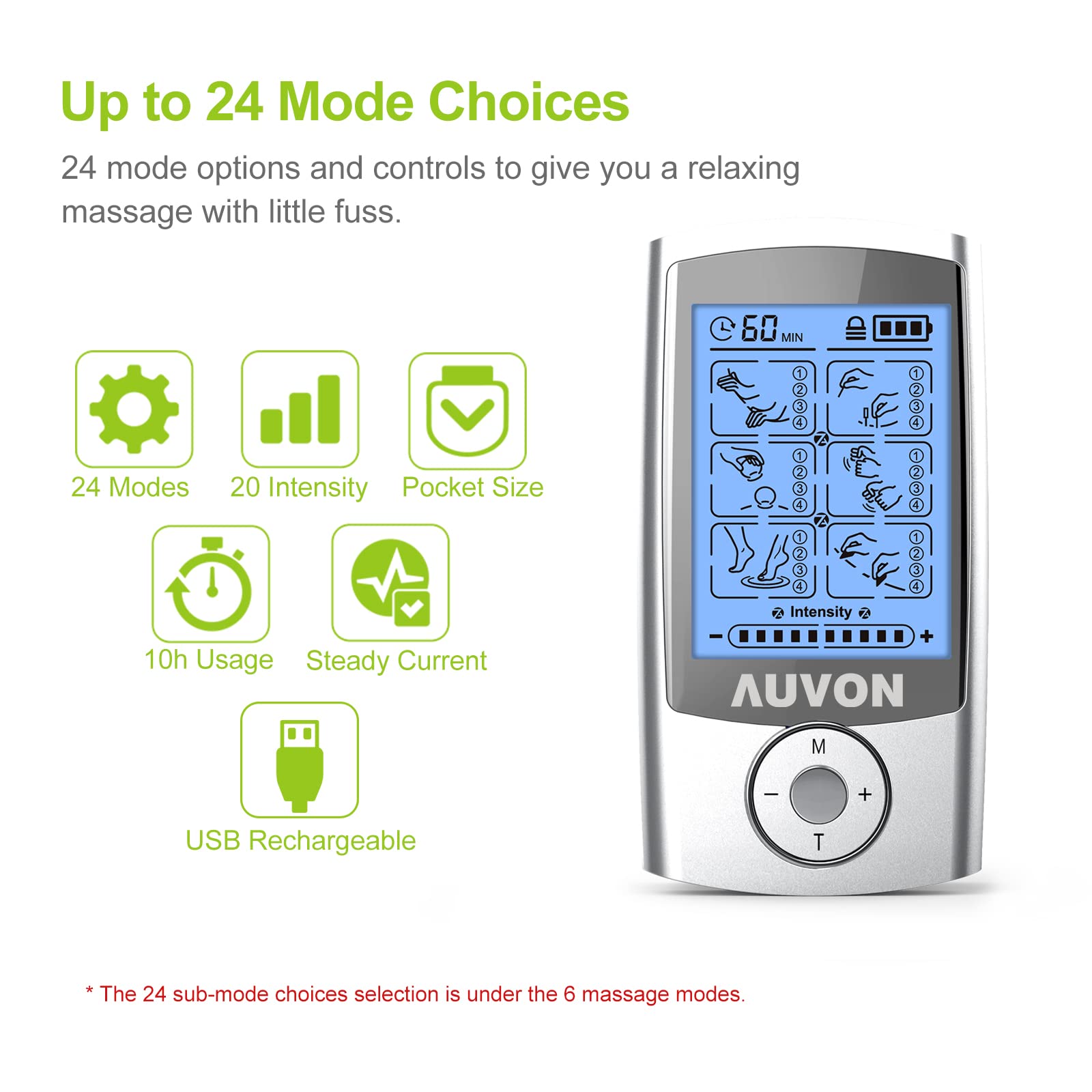 AUVON Rechargeable TENS Machine, 24 Modes 4th Gen TENS Unit Muscle Stimulator with 8pcs 2