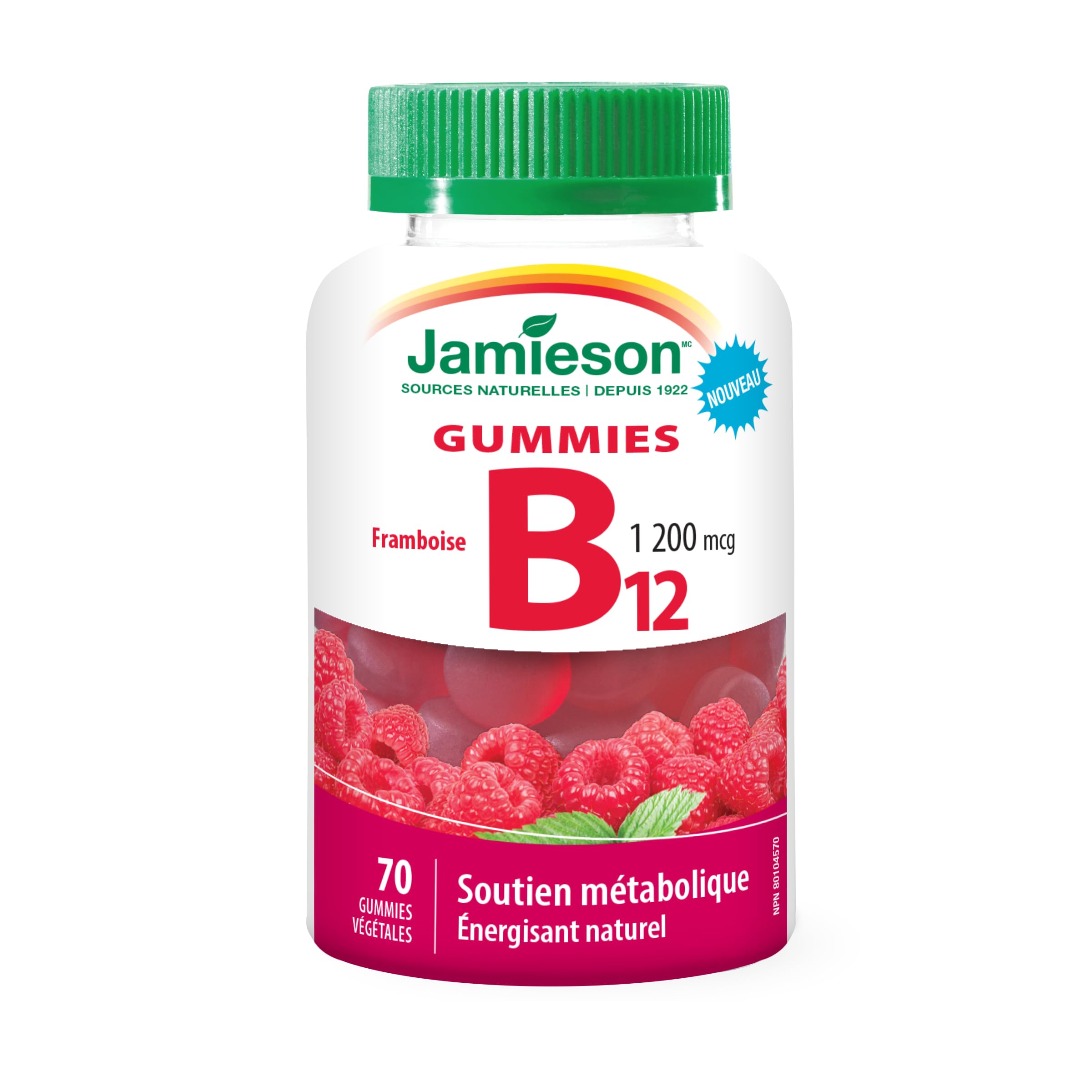 Jamieson Vitamin B12 1,200 mcg Gummies Natural Raspberry Flavour, Naturally Energizing, and Supports Metabolism. Vegetarian, Non-GMO, Gluten-Free, No Artificial Flavours, Colours, or Preservatives, 70 Count, Proudly Canadian