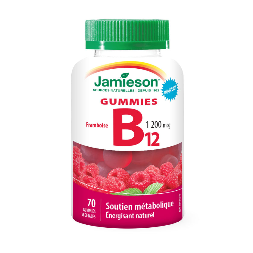 Jamieson Vitamin B12 1,200 mcg Gummies Natural Raspberry Flavour, Naturally Energizing, and Supports Metabolism. Vegetarian, Non-GMO, Gluten-Free, No Artificial Flavours, Colours, or Preservatives, 70 Count, Proudly Canadian