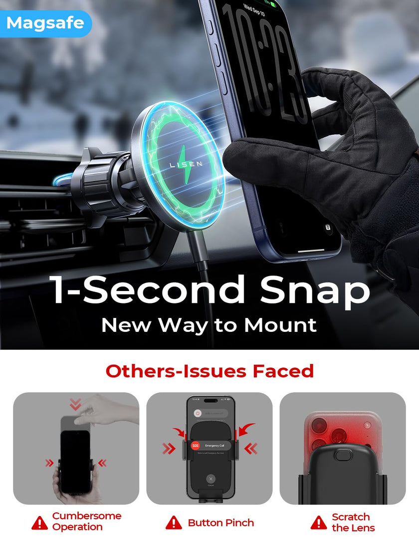 LISEN 15W for MagSafe Car Mount Charger【24 Strongest Magnets】 Phone Holder Car Magnetic Wireless Charger【360°】 Vent & Dashboard MagSafe Car Accessories for Mom for iPhone 17 Pro 16 15 14 13 🍁 All In One Marketplace Canada