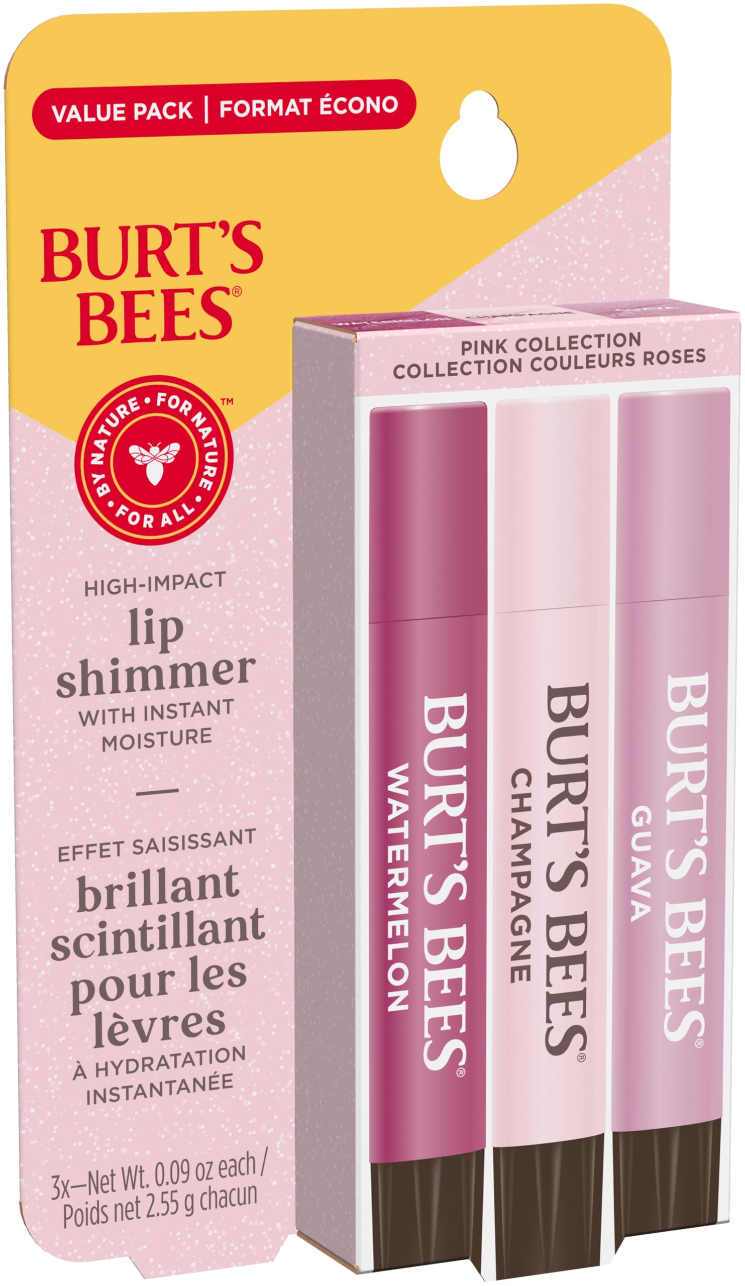 Burt's Bees Lip Shimmer, 100% Natural Origin Lip Gloss, Tinted Lip Colour | Get Soft and Hydrated Lips | Pack of 3 - (Pink) Champagne, Watermelon, Guava 🍁 All In One Marketplace Canada