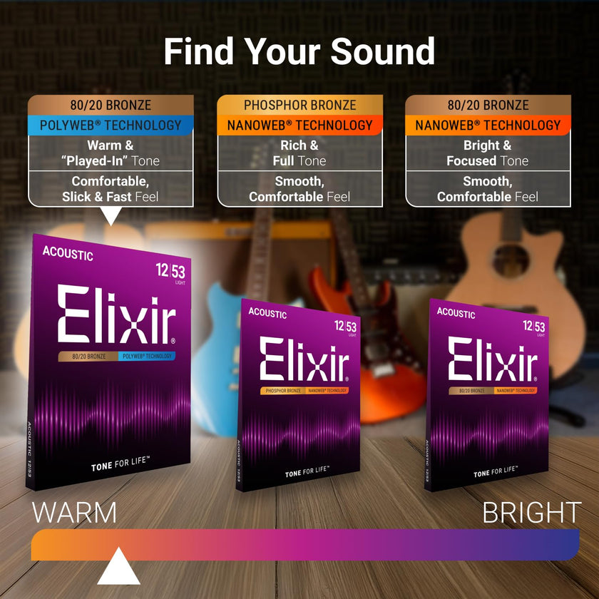 Elixir 80/20 Bronze Acoustic Guitar Strings with Polyweb Coating - Light 12-53 🍁 All In One Marketplace Canada
