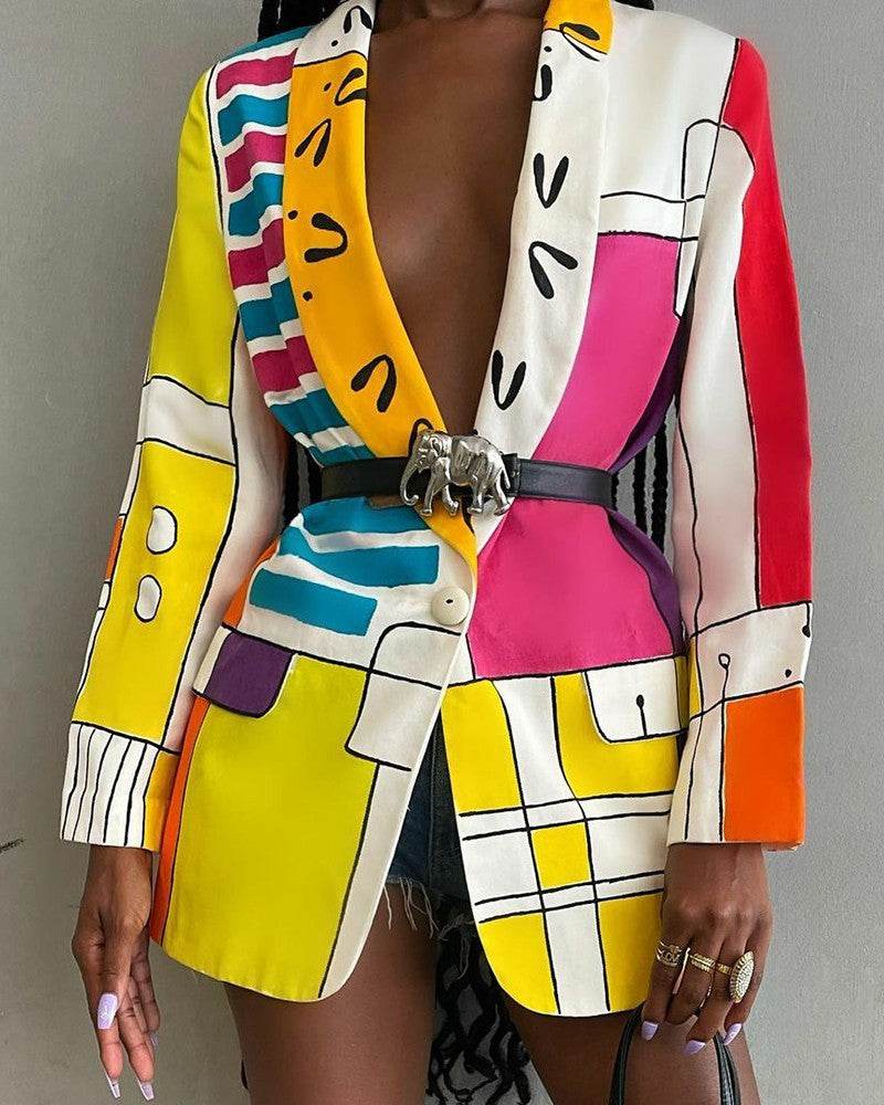 Fashion Printed Shawl Collar Single-breasted Belt Vintage Blazer Women