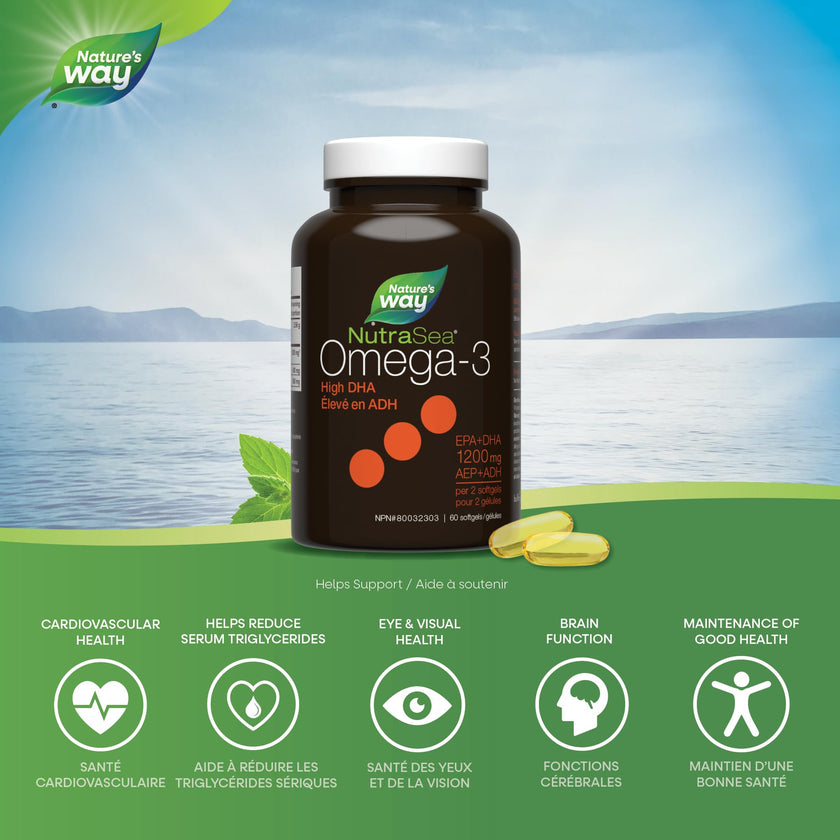Nature's Way NutraSea DHA 2X Concentrated Omega 3 Softgels Supplement – Fresh Mint Flavour – Brain & Eye Support for Adults and Kids Ages 14+ – 500mg DHA, 60 Softgels 🍁 All In One Marketplace Canada