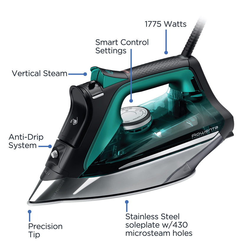 Rowenta Pro Master Stainless Steel Soleplate Steam Iron for Clothes, 1775 Watts, 210 g/min, 400 Microsteam Holes, Anti-Drip, Auto Shutoff, Powerful Steam, DW8360, Black & Blue 🍁 All In One Marketplace Canada