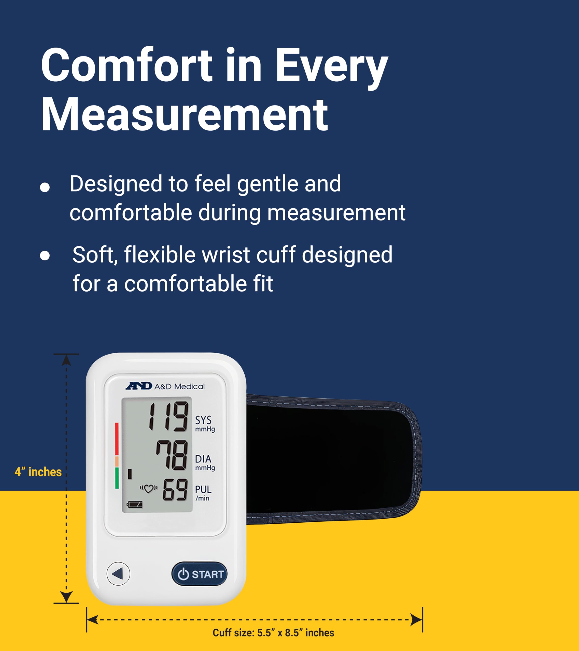 A&D Medical Wrist Blood Pressure Monitor for Home Use - UB-525CN, BP Adjustable Cuff (5.3-8.5