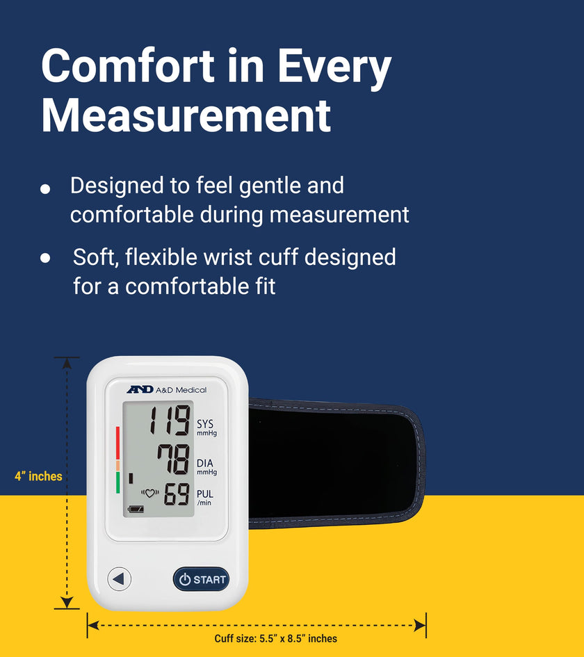 A&D Medical Wrist Blood Pressure Monitor for Home Use - UB-525CN, BP Adjustable Cuff (5.3-8.5