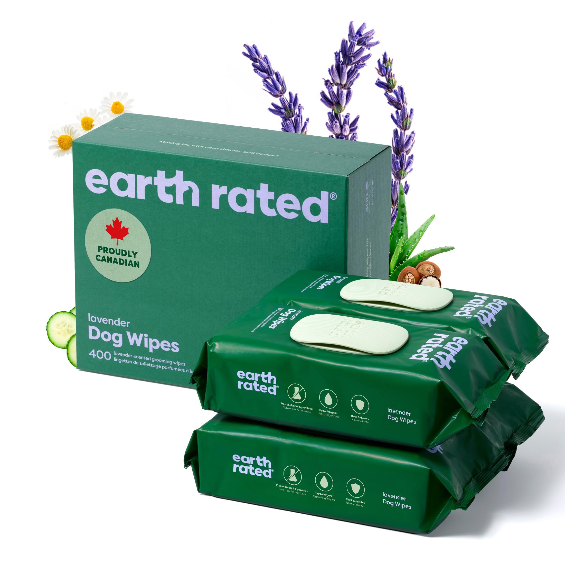 Earth Rated (A Canadian Company) Dog Wipes, Hypoallergenic, Cleaning and Hydrating, for Grooming Paws, Body and Butt, Lavender Scented, 400 Count 🍁 All In One Marketplace Canada