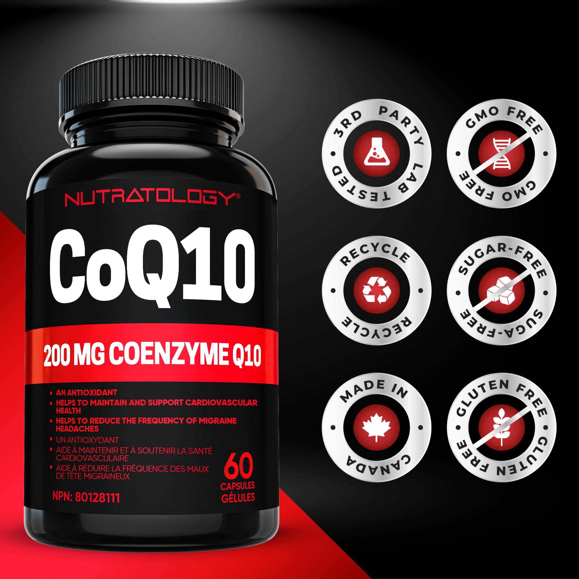 Nutratology® Coenzyme Q10 (CoQ10) 200MG - Cardiovascular Health Support - Antioxidant for Heart Health - Helps Reduce the Frequency of Migraines - CoQ10 Supplement - 60 Capsules 🍁 All In One Marketplace Canada