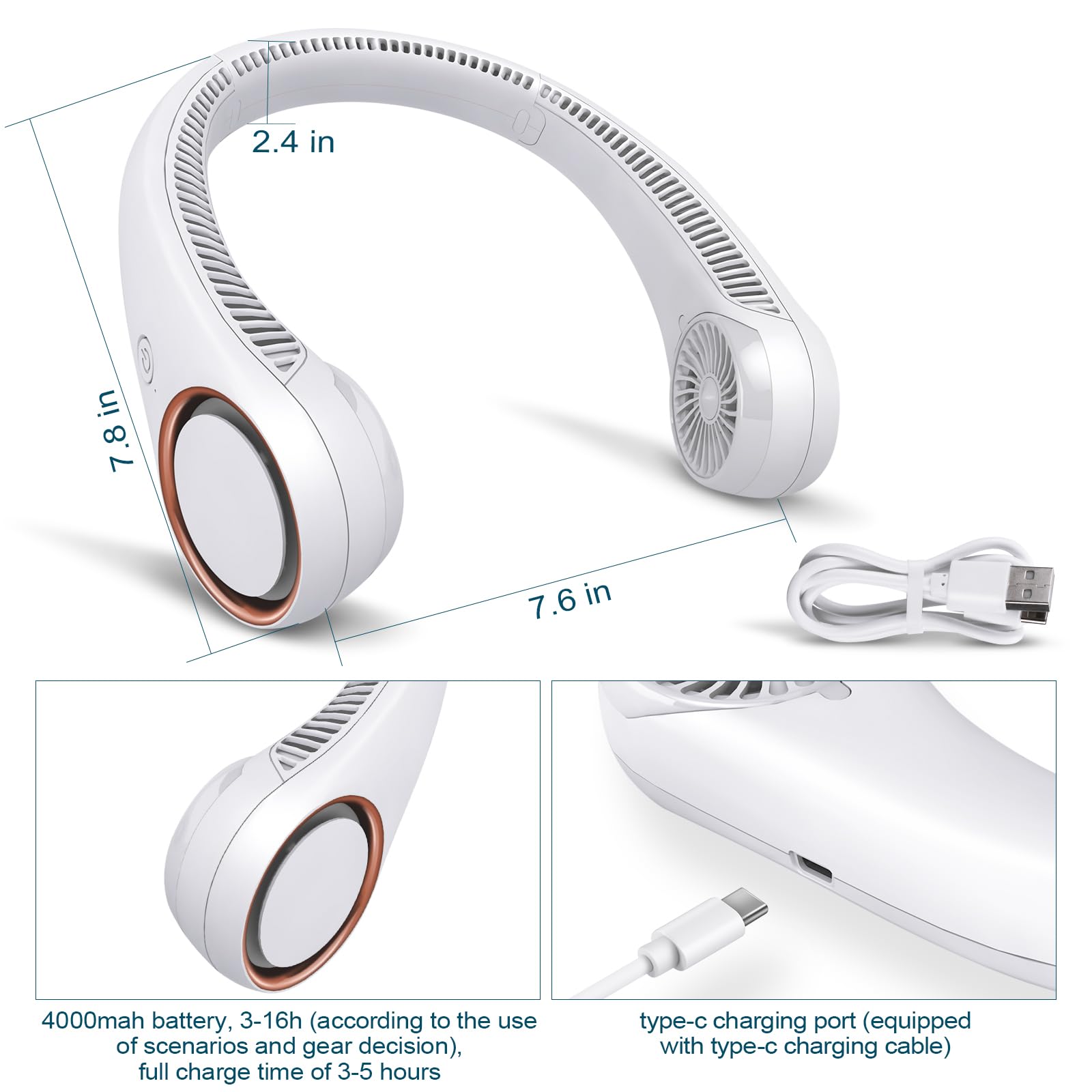 CIVPOWER Neck Fan: Portable Personal Neck Cooling Rechargeable Bladeless Fan - Hands Free 3 Speed 4000 mAh Battery USB Operated Wearable Headphone Design - for Men Women Outdoor Indoor (White) 🍁 All In One Marketplace Canada