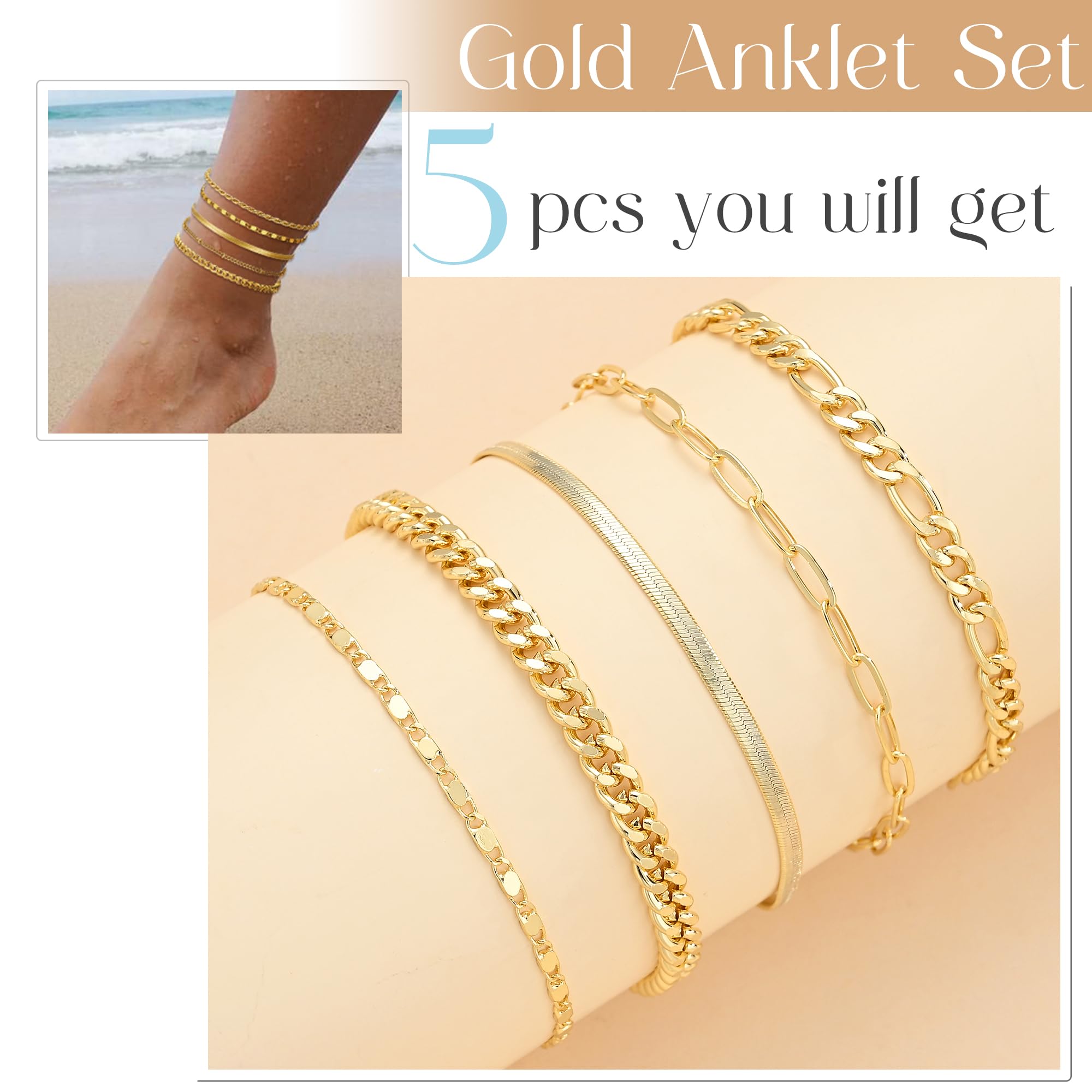 Gold Ankle Bracelets for Women, 14k Gold Plated Waterproof Cuban Link Chain Anklets Set, Layered Anklet Bracelets for Women Beach Gift Adjustable Size 5pc (GOLD-1) 🍁 All In One Marketplace Canada