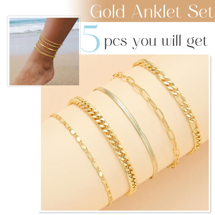 Gold Ankle Bracelets for Women, 14k Gold Plated Waterproof Cuban Link Chain Anklets Set, Layered Anklet Bracelets for Women Beach Gift Adjustable Size 5pc (GOLD-1) 🍁 All In One Marketplace Canada