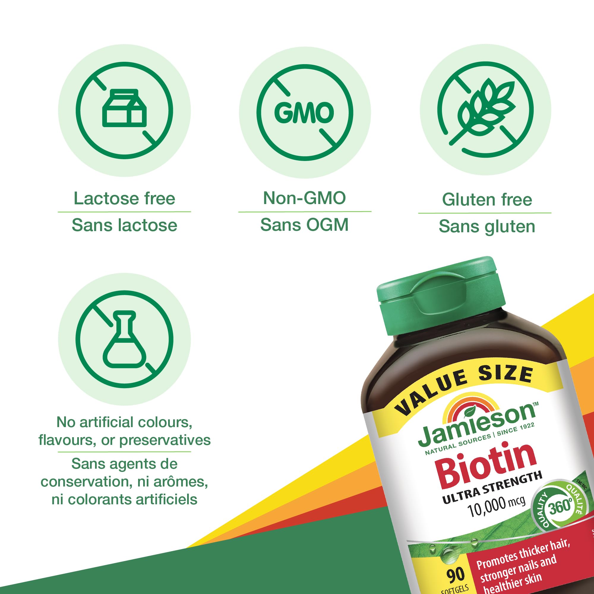 Jamieson Ultra Potency Biotin 10,000 mcg, 90 Softgels. Easy to Swallow, Supports Thicker Hair, Healthier Skin and Stronger Nails. No Artificial Flavours, Colours, or Preservatives, Proudly Canadian 🍁 All In One Marketplace Canada