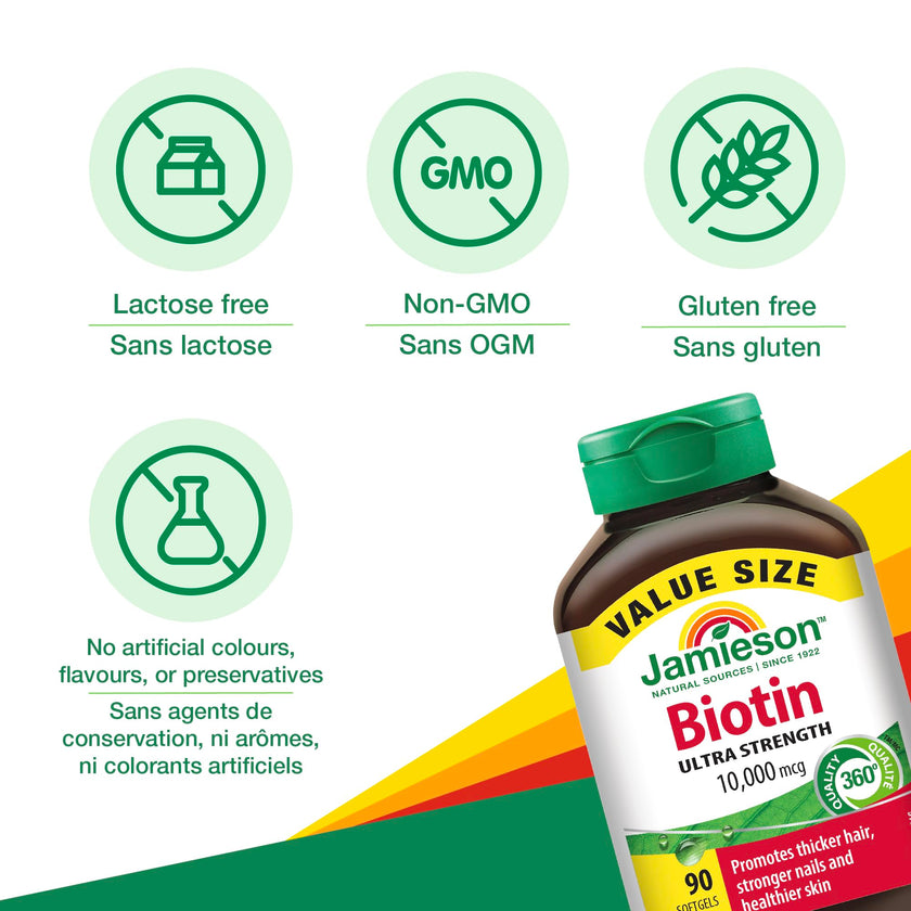 Jamieson Ultra Potency Biotin 10,000 mcg, 90 Softgels. Easy to Swallow, Supports Thicker Hair, Healthier Skin and Stronger Nails. No Artificial Flavours, Colours, or Preservatives, Proudly Canadian 🍁 All In One Marketplace Canada