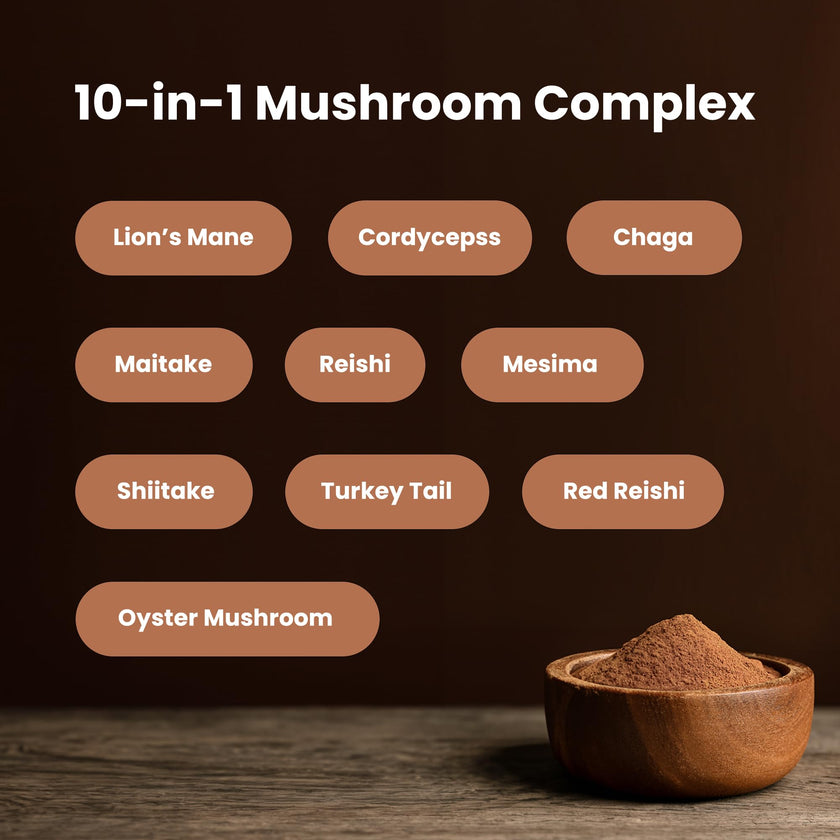 Organic Mushroom Powder - 10-in-1 Complex - Mushroom Supplement Powder Blend for Memory, Focus & Immune Support - Mushroom Blend For Coffee, Water, Smoothies - 8oz 🍁 All In One Marketplace Canada