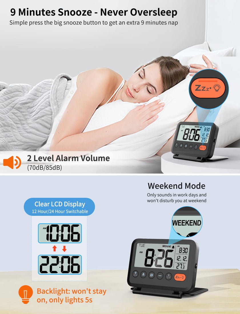 MeesMeek Digital Travel Alarm Clock: Small Bedside LCD Clock with Date Temperature Snooze Backlight 12/24H Weekend Mode and 2 Volume, Desk Clock for Kids Office Bedroom, Battery Included (Black) 🍁 All In One Marketplace Canada
