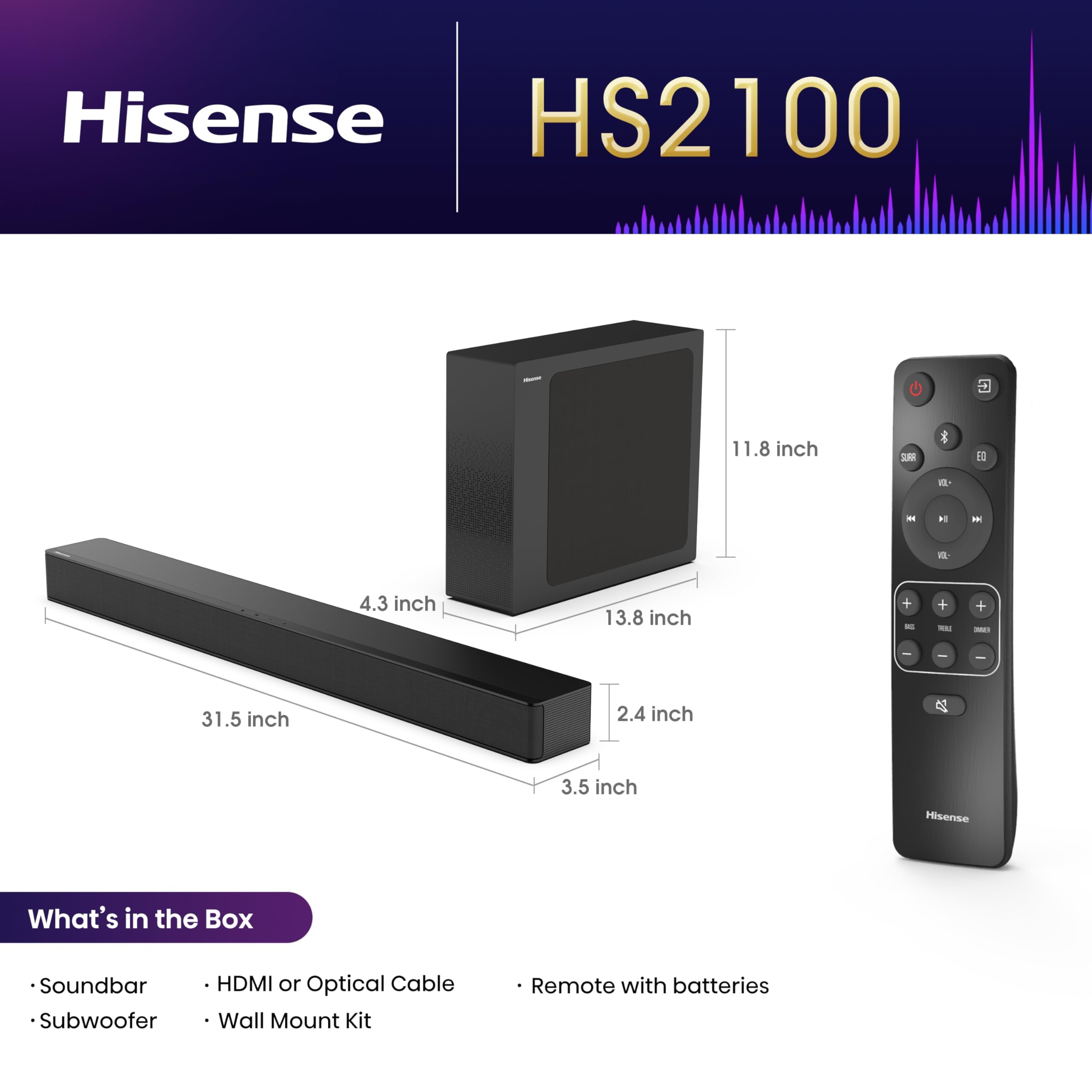 Hisense HS2100 2.1 Channel 240W Soundbar with Wireless Subwoofer, Powered by Dolby Audio, Roku TV Ready, Bluetooth 5.3/HDMI ARC/Optical/AUX/USB, 6 Tailored Sound Modes 🍁 All In One Marketplace Canada