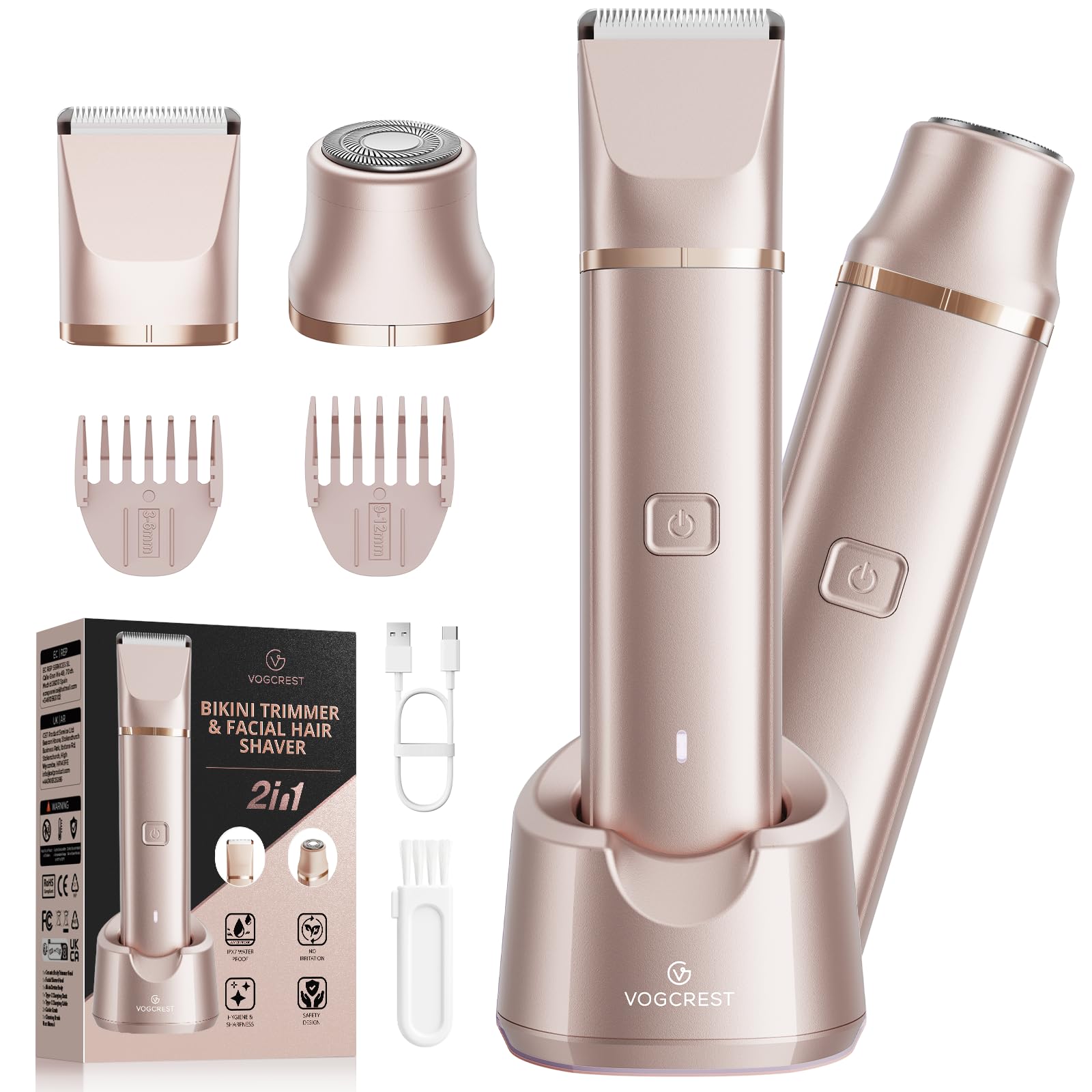 VG VOGCREST Bikini Trimmer for Women: 2-in-1 Rechargeable Painless Body Shaver - Portable Travel-Friendly Pubic Grooming Kit for Underarm Leg Arm (Champagne Gold) 🍁 All In One Marketplace Canada