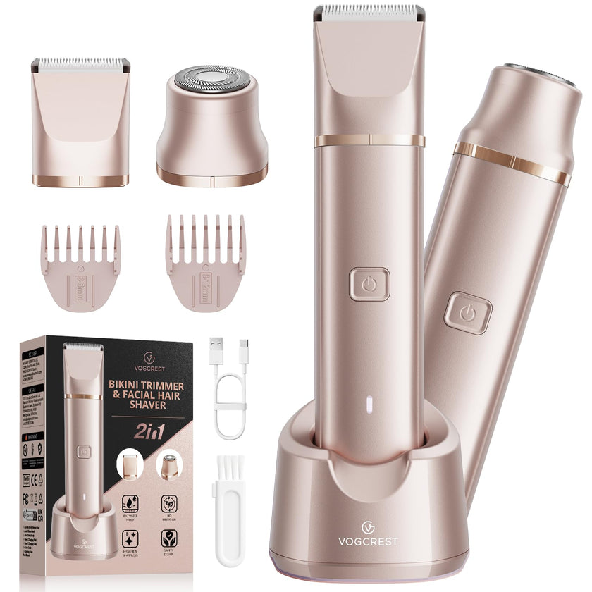 VG VOGCREST Bikini Trimmer for Women: 2-in-1 Rechargeable Painless Body Shaver - Portable Travel-Friendly Pubic Grooming Kit for Underarm Leg Arm (Champagne Gold) 🍁 All In One Marketplace Canada
