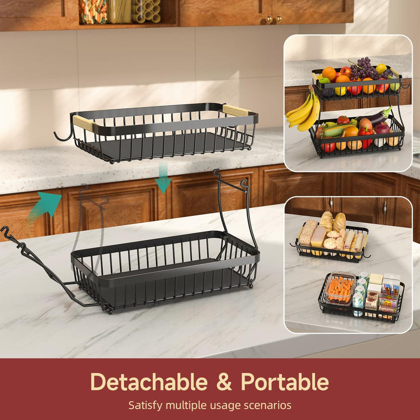 2 Tier Large Fruit Bowl for Kitchen Counter with 2 Banana Holders,2026 Sturdy Metal Fruit Basket with Protective Mats Keeping Fruits Fresh,Kitchen Organizers and Storage for Bread Potato Onion Storage 🍁 All In One Marketplace Canada