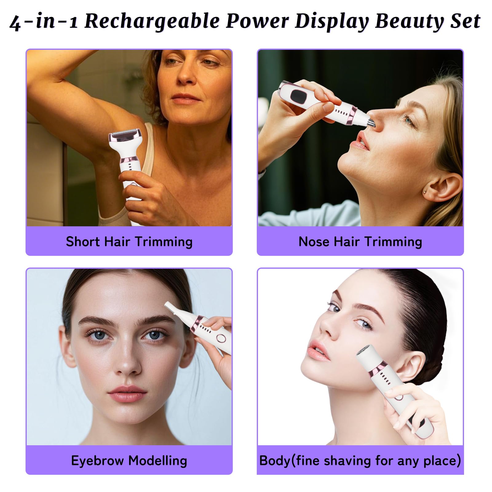 Beanify Electric Razor for Women Men,4 in 1 LED Display Ladies Wet & Dry Body Razors and Facial Hair Remover, Rechargeable Painless Hair Removal Kit for Nose Face Body Leg Bikini Arm Hair (Pink) 🍁 All In One Marketplace Canada