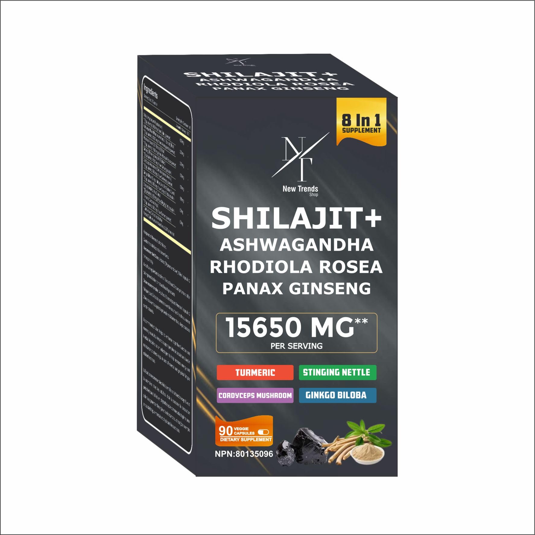 8-in-1 Shilajit Himalayan Organic Supplement with Shilajit 9000, Ashwagandha 2000MG, Rhodiola Rosea 1000MG, Panax Ginseng 1500MG, Cordyceps Mushroom 500MG, Gingko Biloba 500MG, Stinging Nettle 250MG, Turmeric (15,250 MG - 90 Caps)