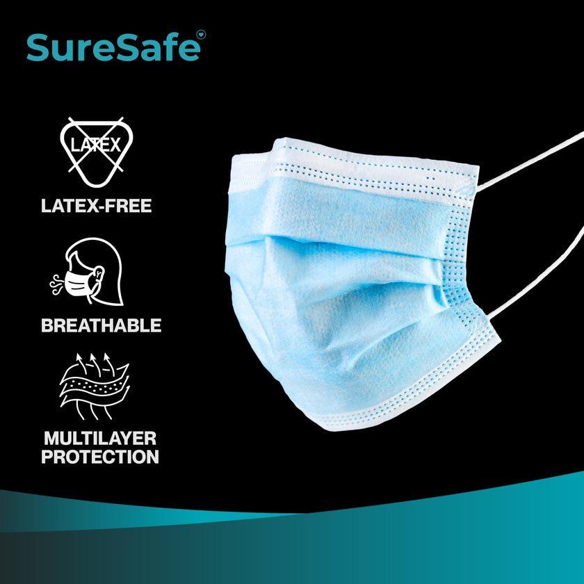 SURESAFE Premium Disposable Face Mask Pack of 100, 3 Ply face mask with Ear Loop, High Filtration, Comfortable and Breathable, Women and Men Face Mask, Blue 🍁 All In One Marketplace Canada