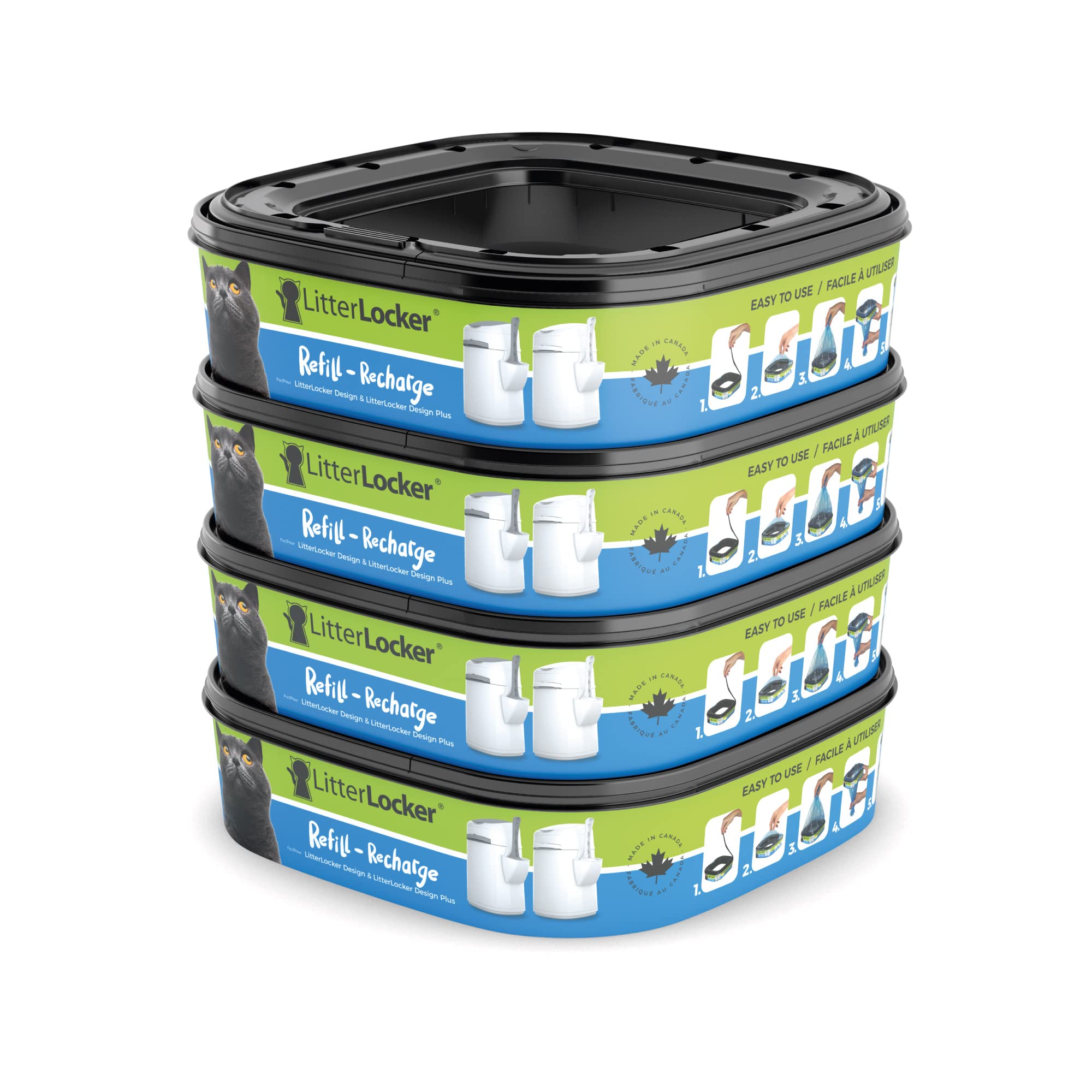 LitterLocker Refill bags| by the makers of Litter Genie| 4-Pack, 48 total ft or up to 8 Months of Supply | Made in Canada | Square Refills Compatible with LitterLocker & Litter Genie Pails 🍁 All In One Marketplace Canada