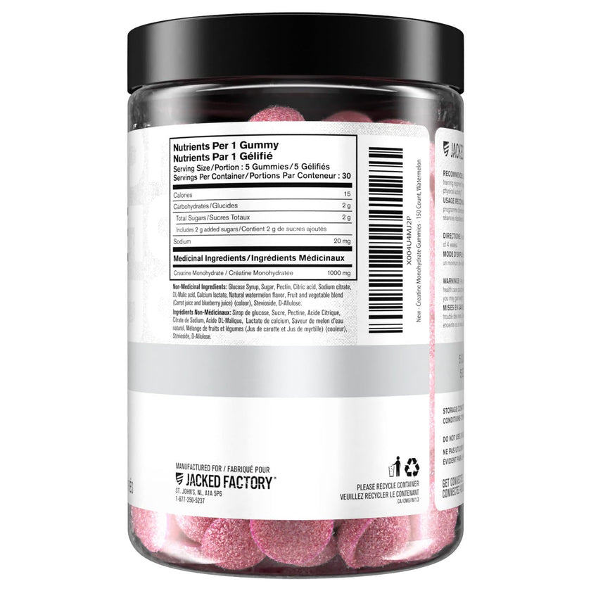 Jacked Factory Creatine Gummies 5g Daily Dose (1g per Gummy) - Creatine Monohydrate Gummy for Men and Women, Vegan-Friendly, Travel-Friendly, Third-Party Tested - 150 Gummies, Watermelon 🍁 All In One Marketplace Canada