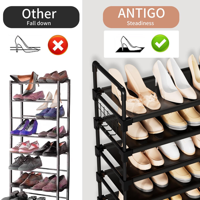 10 Tier Shoe Rack, Large Capacity Tall Shoe Storage Organizer Holds 50-55 Pairs Shoes and Boots, Vertical Shoe Shelf Cabinet with Versatile Hooks for Closet Entryway Garage Bedroom 🍁 All In One Marketplace Canada