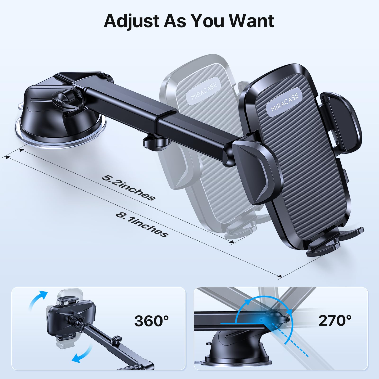 Miracase Car Phone Mount, [Upgraded Strong Military Grade Suction Cup] Long Arm Phone Holder for Car Dashboard Windshield Vent, Hands Free Cell Phone Holder Compatible with All Mobile Phones 🍁 All In One Marketplace Canada