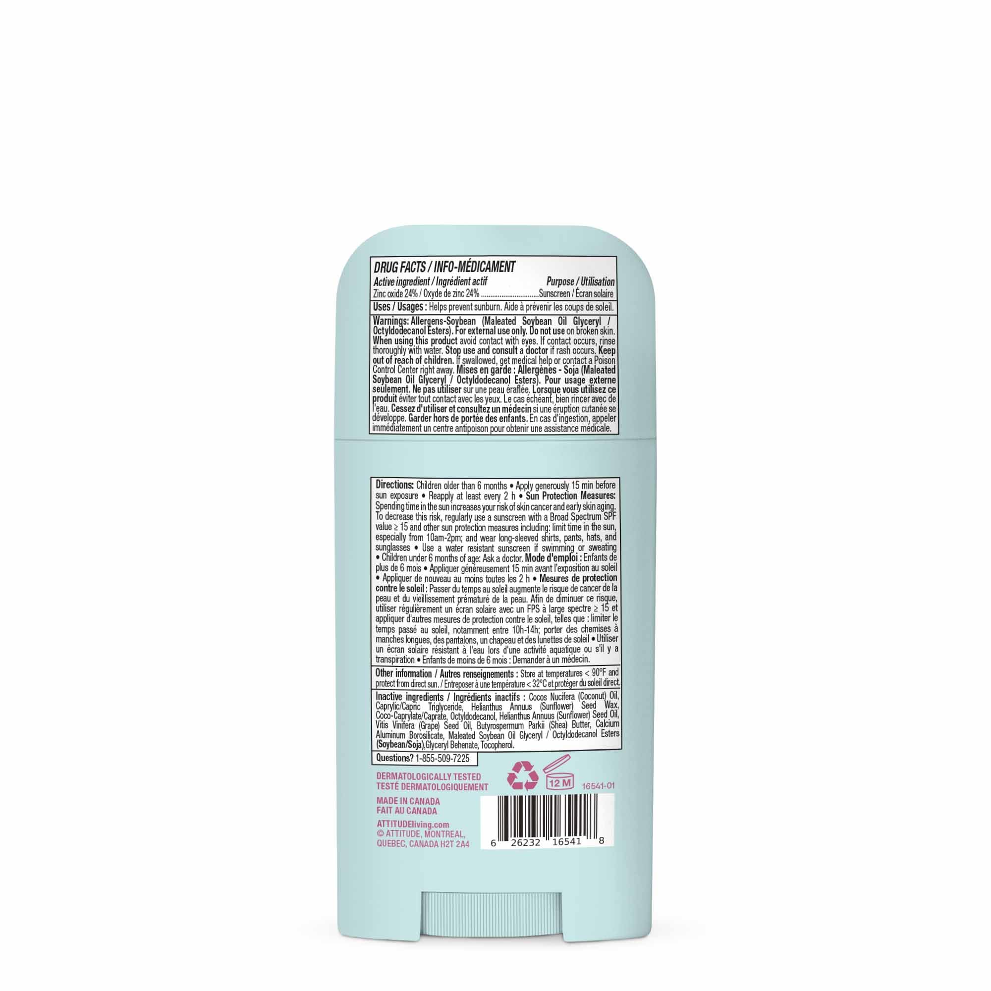 ATTITUDE Baby Mineral Sunscreen Stick SPF 50, Broad Spectrum Zinc Oxide, EWG Verified, Non-Nano, Mess-Free Stick for Face & Body, Lightweight Non-Greasy, Vegan, Unscented, 60 grams 🍁 All In One Marketplace Canada