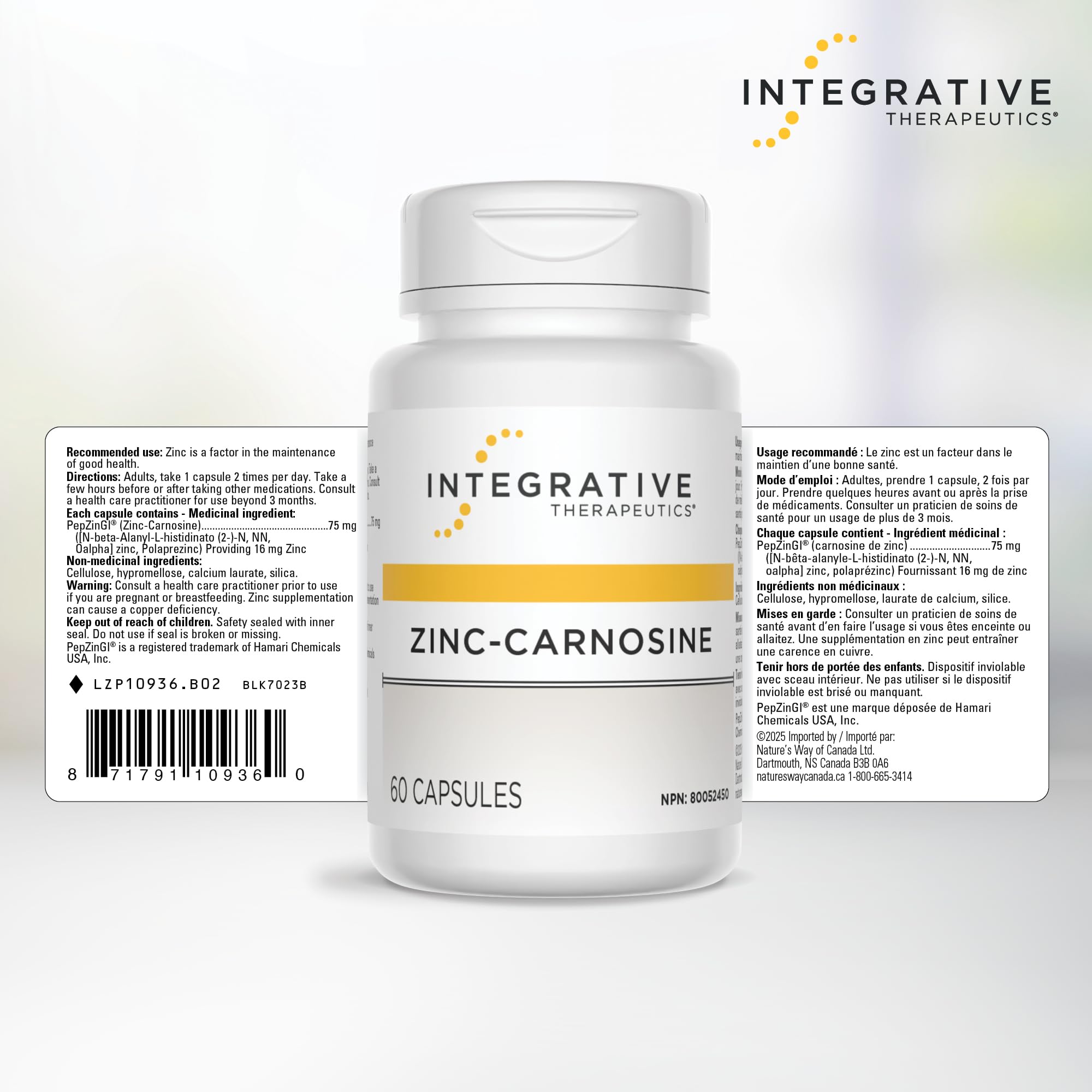 Integrative Therapeutics Zinc Carnosine – Premium Zinc Supplement – 75mg of Zinc Carnosine – Factor in the Maintenance of Good Health - PepZin GI – 60 Capsules 🍁 All In One Marketplace Canada