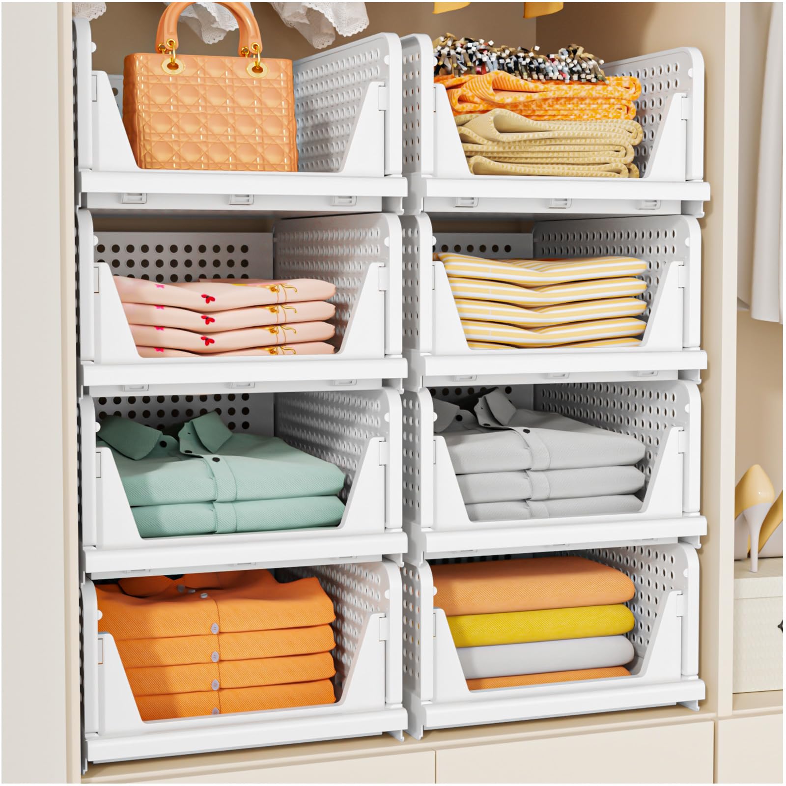 SNSLXH 5 Pack White Stackable Closet Organizer Box, Multifunctional & Foldable Storage Basket for Bathroom, Kitchen, Laundry Room, Wardrobe, Space-Saving Clothes Storage Drawer Organizer 🍁 All In One Marketplace Canada