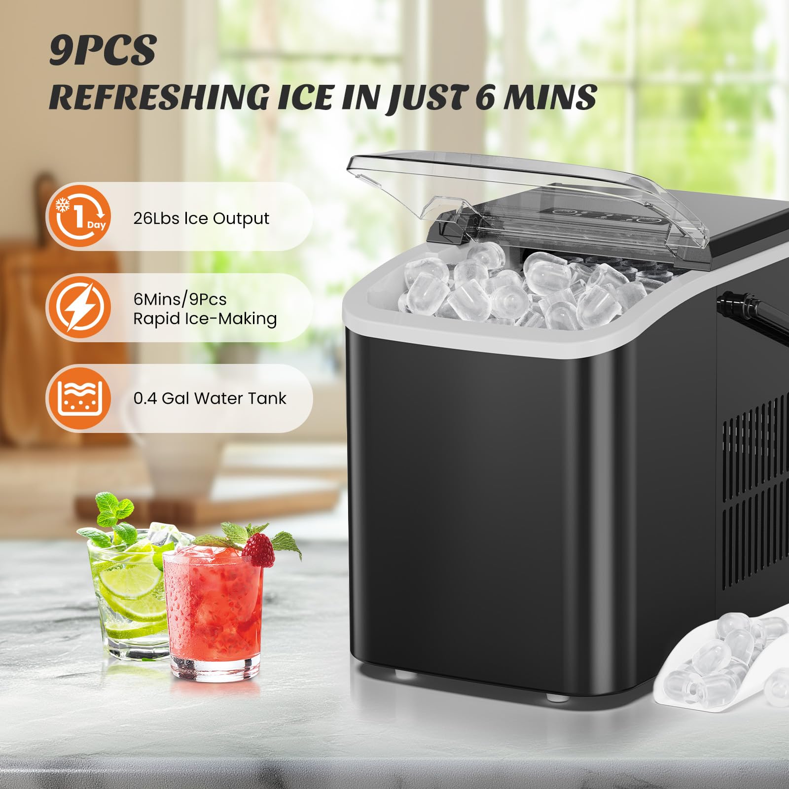 Sweetcrispy Countertop Ice Maker with Handle, 26lbs/24H Portable Ice Machine, 9 Bullet Ice Cubes Ready in 6 Mins, Self-Cleaning, Quiet Compact Ice Maker for Home, Kitchen, RV, Camping, Black 🍁 All In One Marketplace Canada