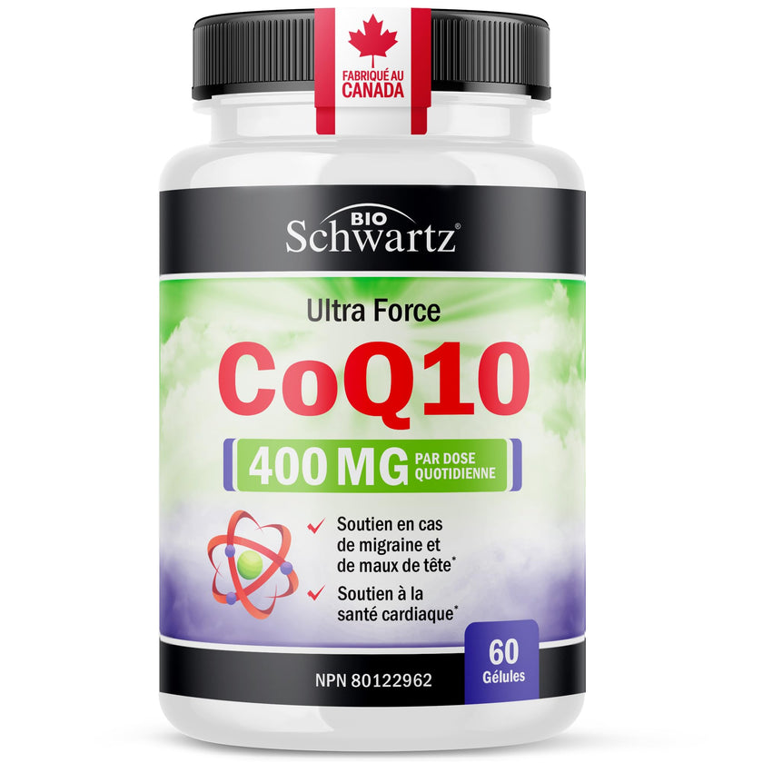 CoQ10 Supplement | Ultra Strength 400MG Per Daily Dose | Migraine, Headache & Heart Health Support | Coenzyme Q10 to Reduce Migraine Frequency & Support Cardiovascular Health | Made in Canada & Non-GMO | 30 Day Supply | 60 Ct