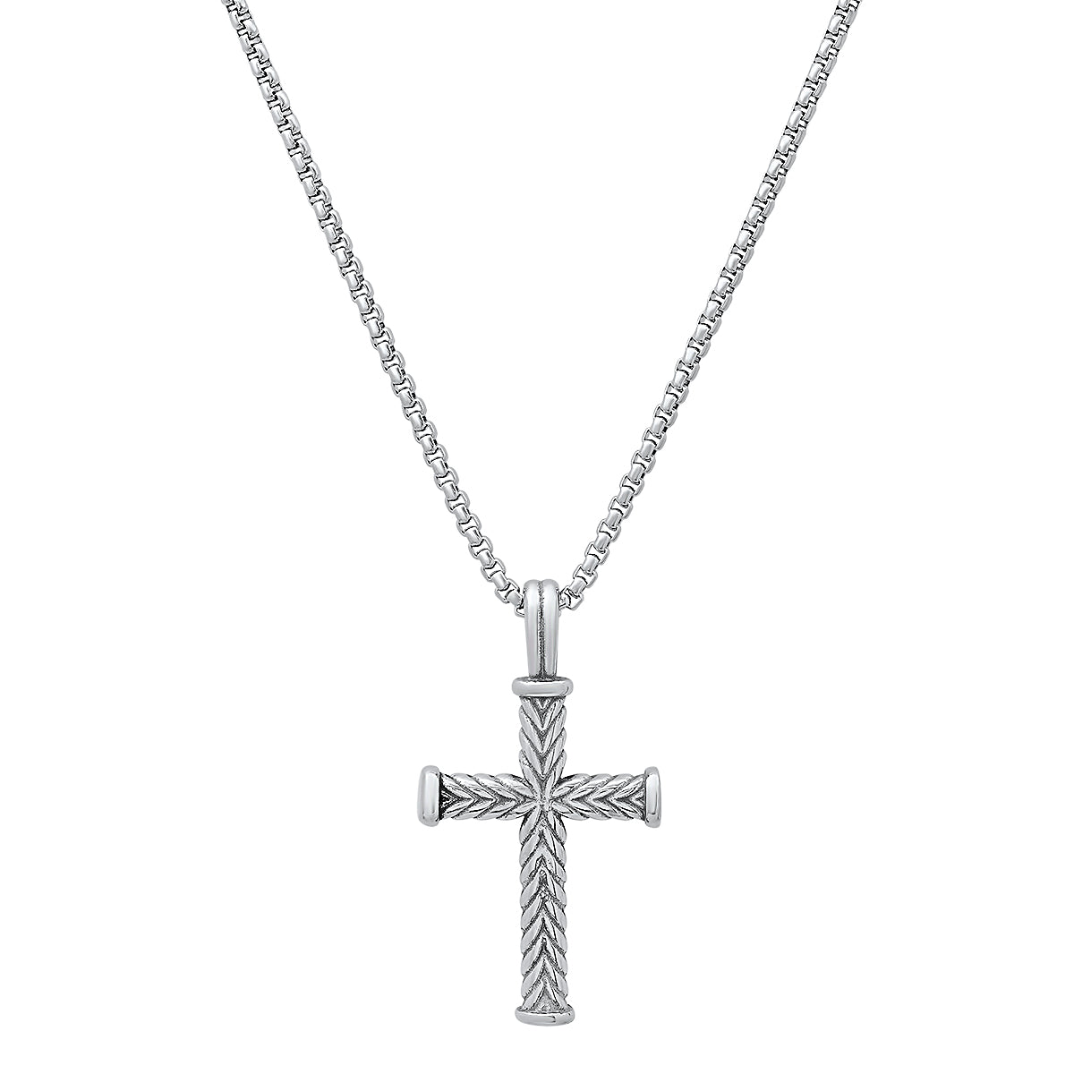 Men’s Stainless Steel Twist Design Cross Pendant. Textured Biker Wheat Chain Necklace