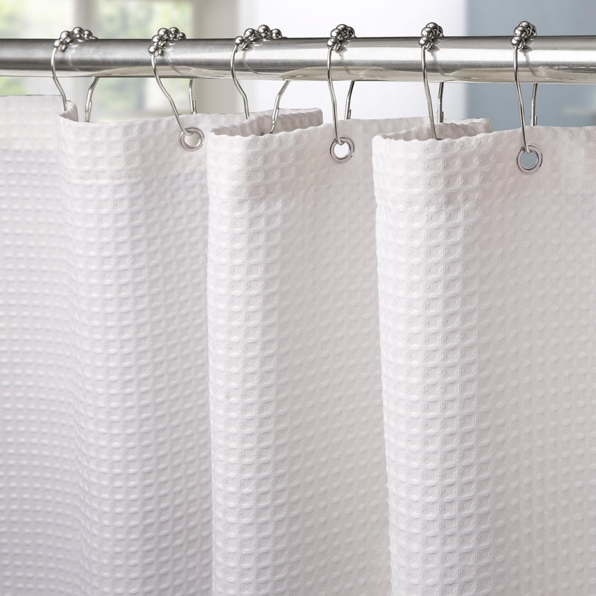 Waffle Weave Shower Curtain with Stainless Steel Hooks - 256 GSM Heavy Duty Fabric Bath Curtains, Hotel Luxury Quality, Water Resistant, Machine Washable, Weighted Hem, 72 x 72 Inches (White) 🍁 All In One Marketplace Canada