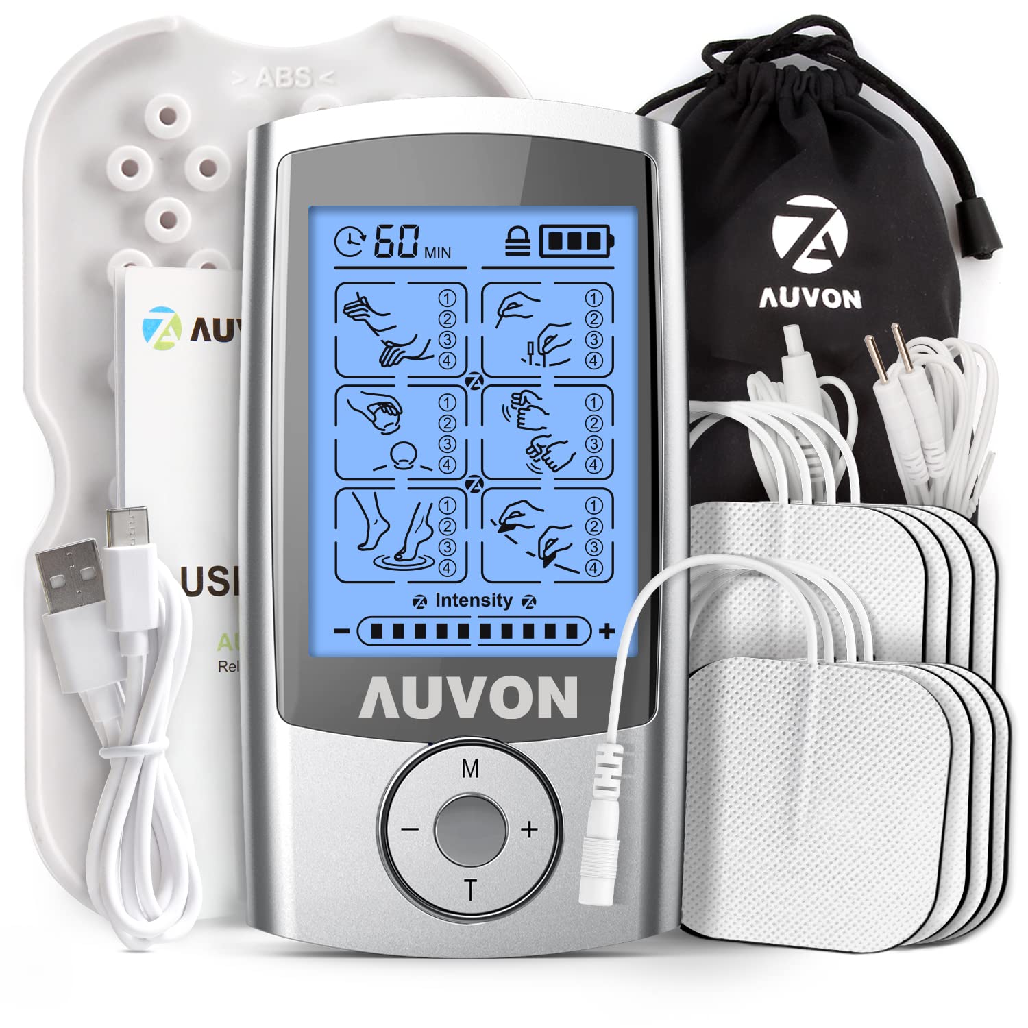 AUVON Rechargeable TENS Machine, 24 Modes 4th Gen TENS Unit Muscle Stimulator with 8pcs 2