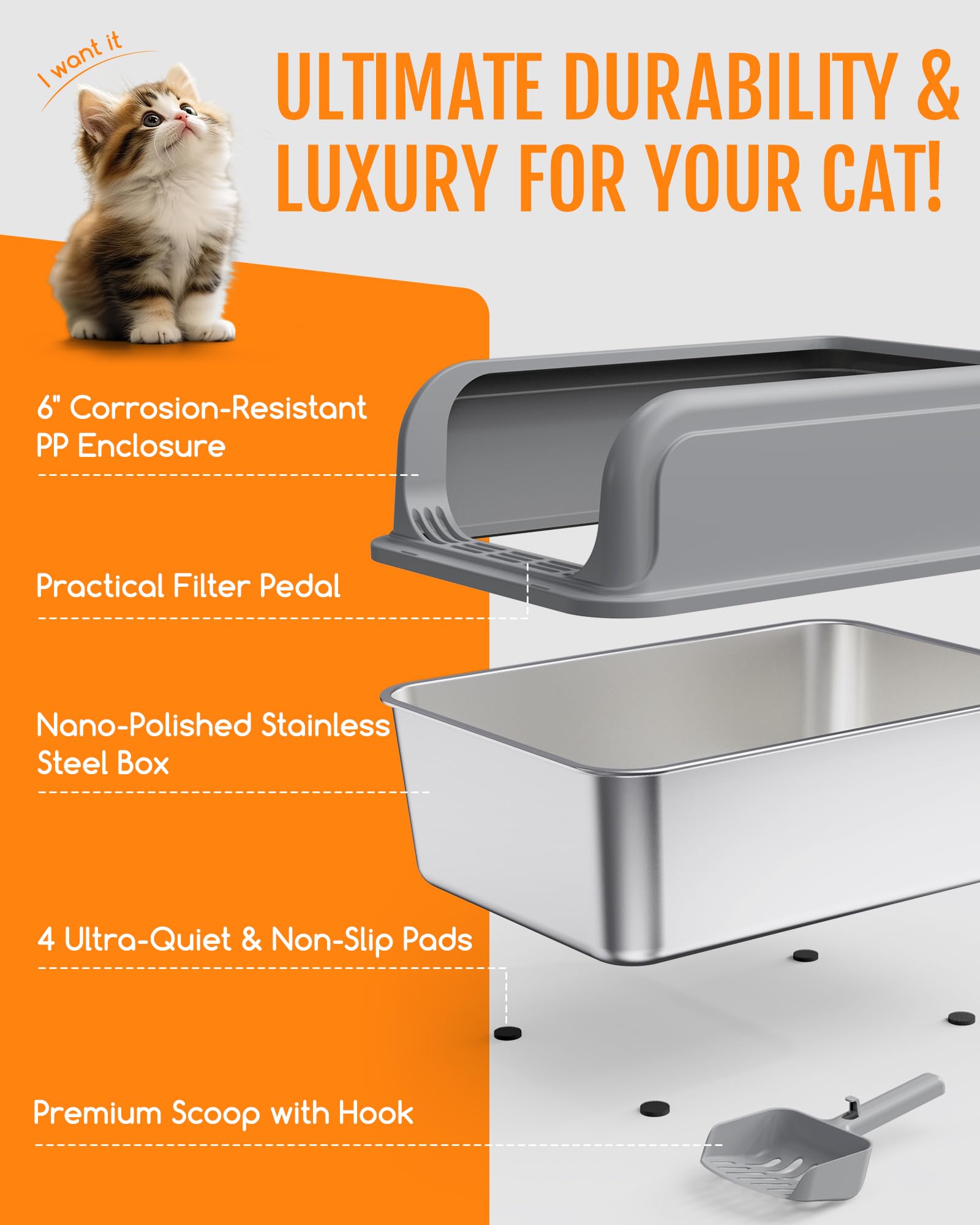 Powools Stainless Steel Cat Litter Box for Kittens, Metal Kitty Litter Box with Scoop, Anti-Leakage Top Entry, Non-Sticky, Easy to Clean, Grey, M (1 Pack) 🍁 All In One Marketplace Canada