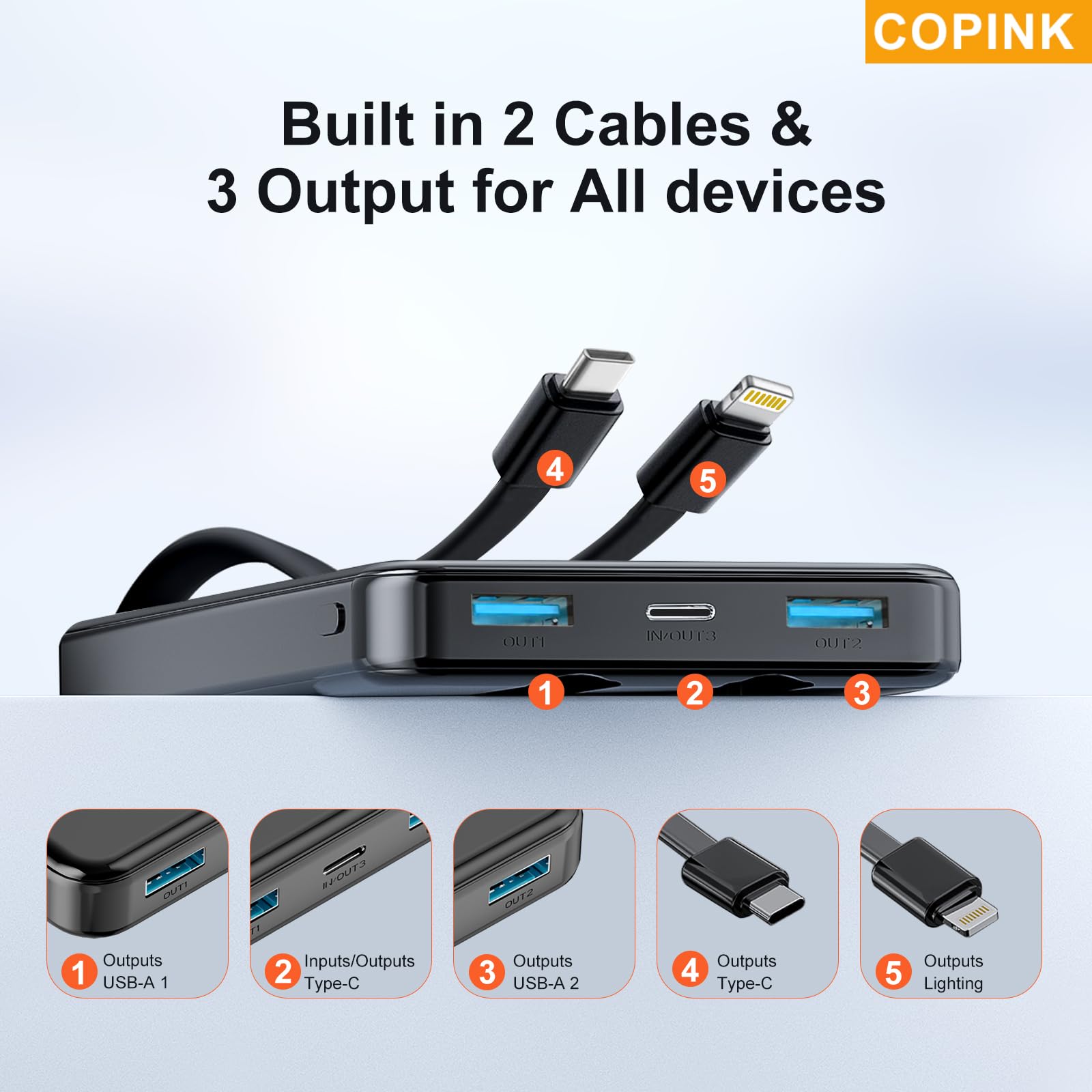 COPINK Power Bank with Built in Cables, 25000mAh Fast Charging Portable Charger,5 Output 2 Input LED Display Slim External Battery Pack for iPhone, Samsung, Android Phones, Tablets 🍁 All In One Marketplace Canada