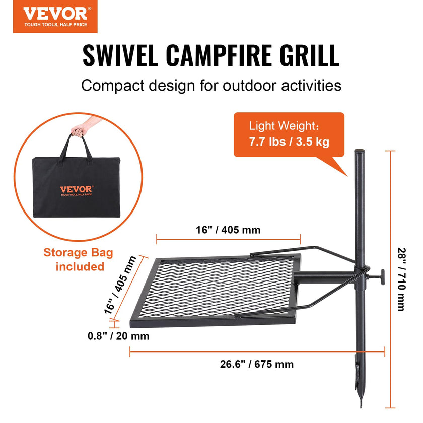 VEVOR Swivel Campfire Grill, Fire Pit Grill Grate, Heavy Duty Steel Grill Grates, 360° Adjustable Open Outdoor Cooking Equipment, Portable Camp Fire Racks for Camping Outdoor BBQ 🍁 All In One Marketplace Canada
