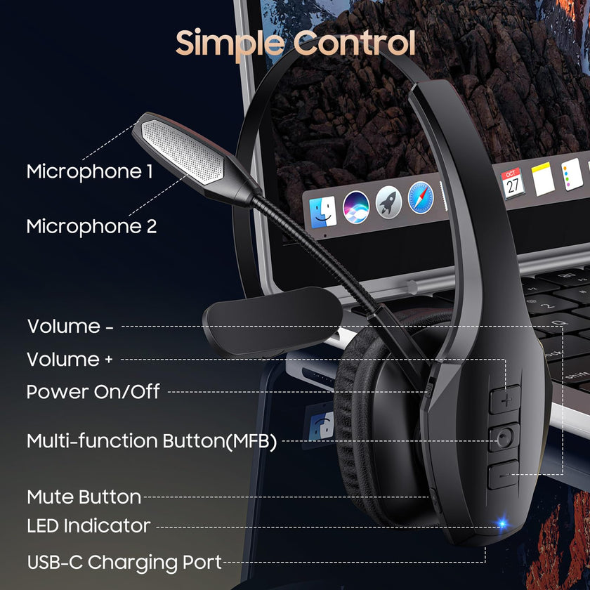 Bluetooth Headset with Microphone, Trucker Headset Bluetooth Wireless Noise Cancelling & Mute Button, 55 Hours Working Time Wireless On-Ear Headset 🍁 All In One Marketplace Canada