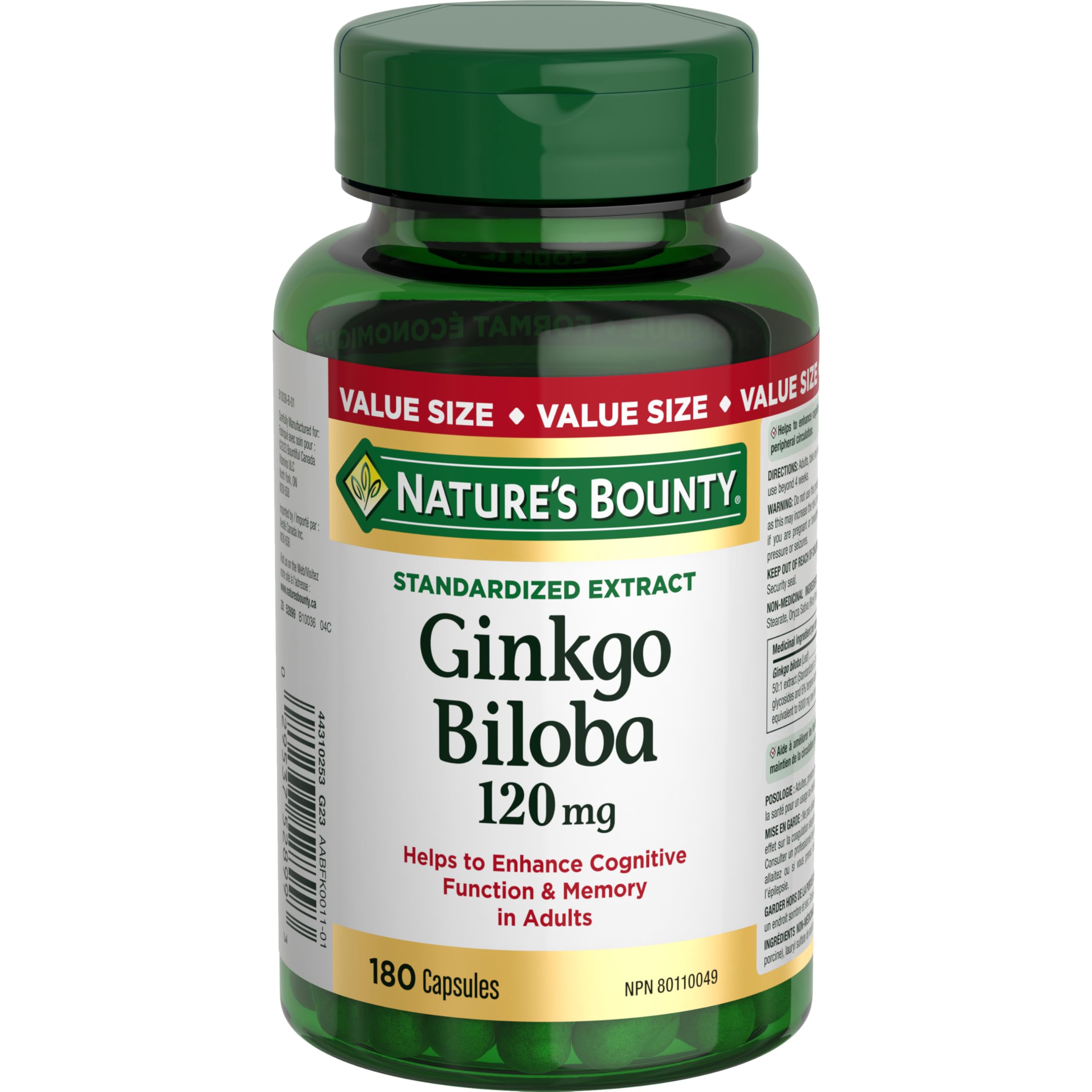 NATURE'S BOUNTY Gingko Biloba, 120 mg, Value Size, Helps to Enhance Cognitive Function, 180 Capsules, 78.5 g 🍁 All In One Marketplace Canada