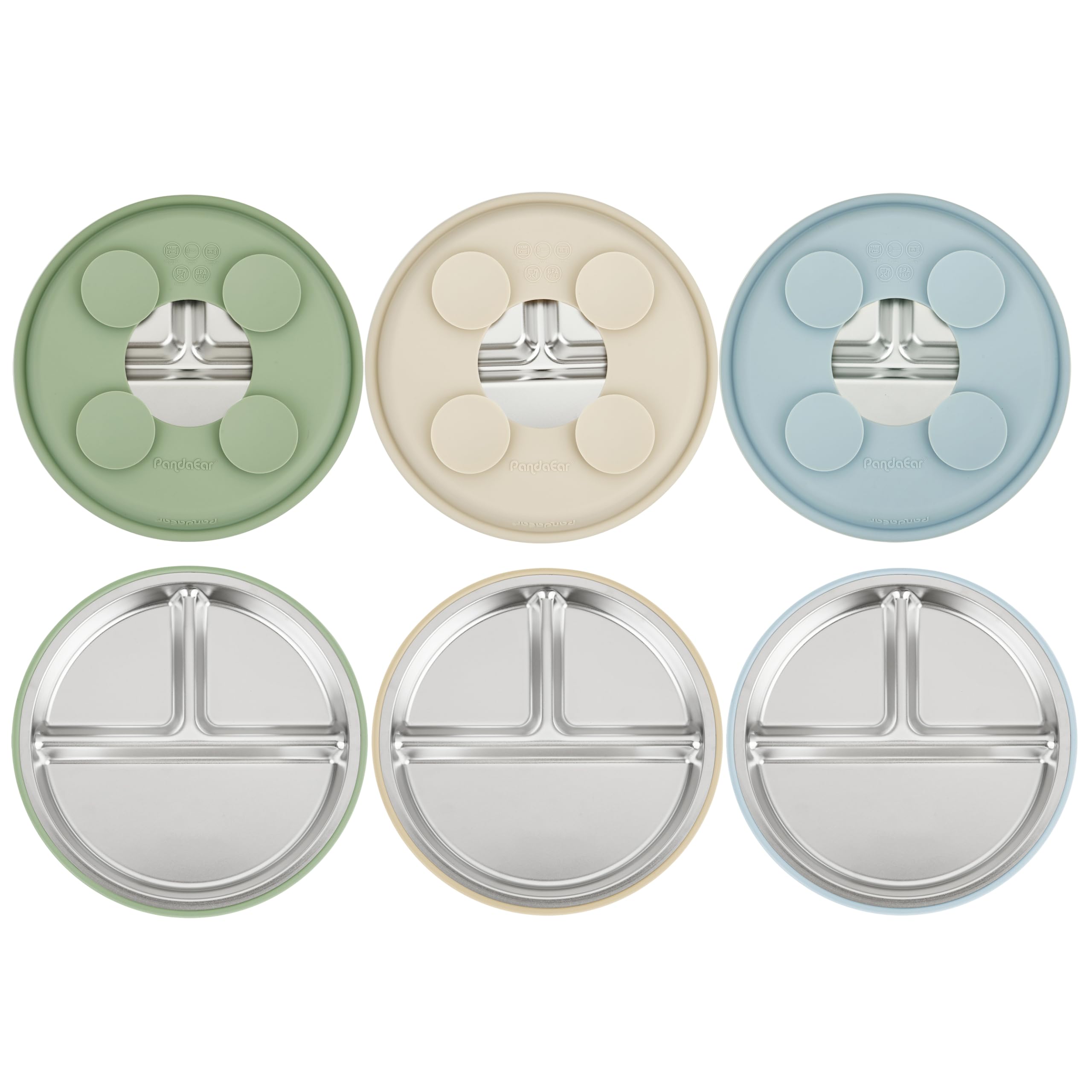 PandaEar 3 Pack Stainless Steel Baby Plates with Suction, Divided Toddler Plate for Baby Led Weaning Supplies, Non-Slip Suction Plates Baby Feeding Set, Dishwasher Safe (Blue/Green/Brown) 🍁 All In One Marketplace Canada