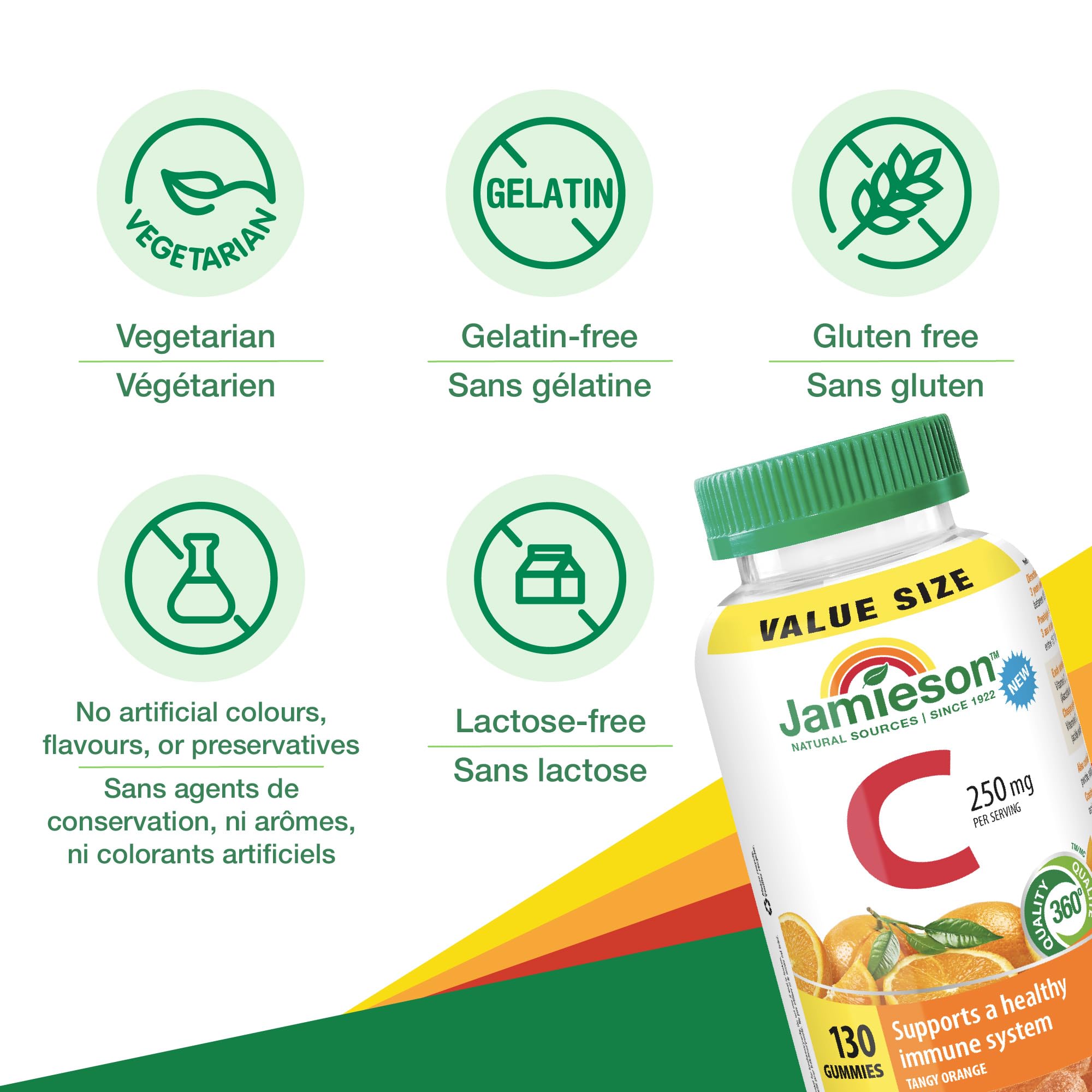 Jamieson Vitamin C 250 mg Gummies, 130 Gummies, Natural Tangy Orange Flavour, Supports Immune Health, Family Friendly (3+), Vegetarian, Non-GMO, No Artificial Flavours, Colours or Preservatives 🍁 All In One Marketplace Canada